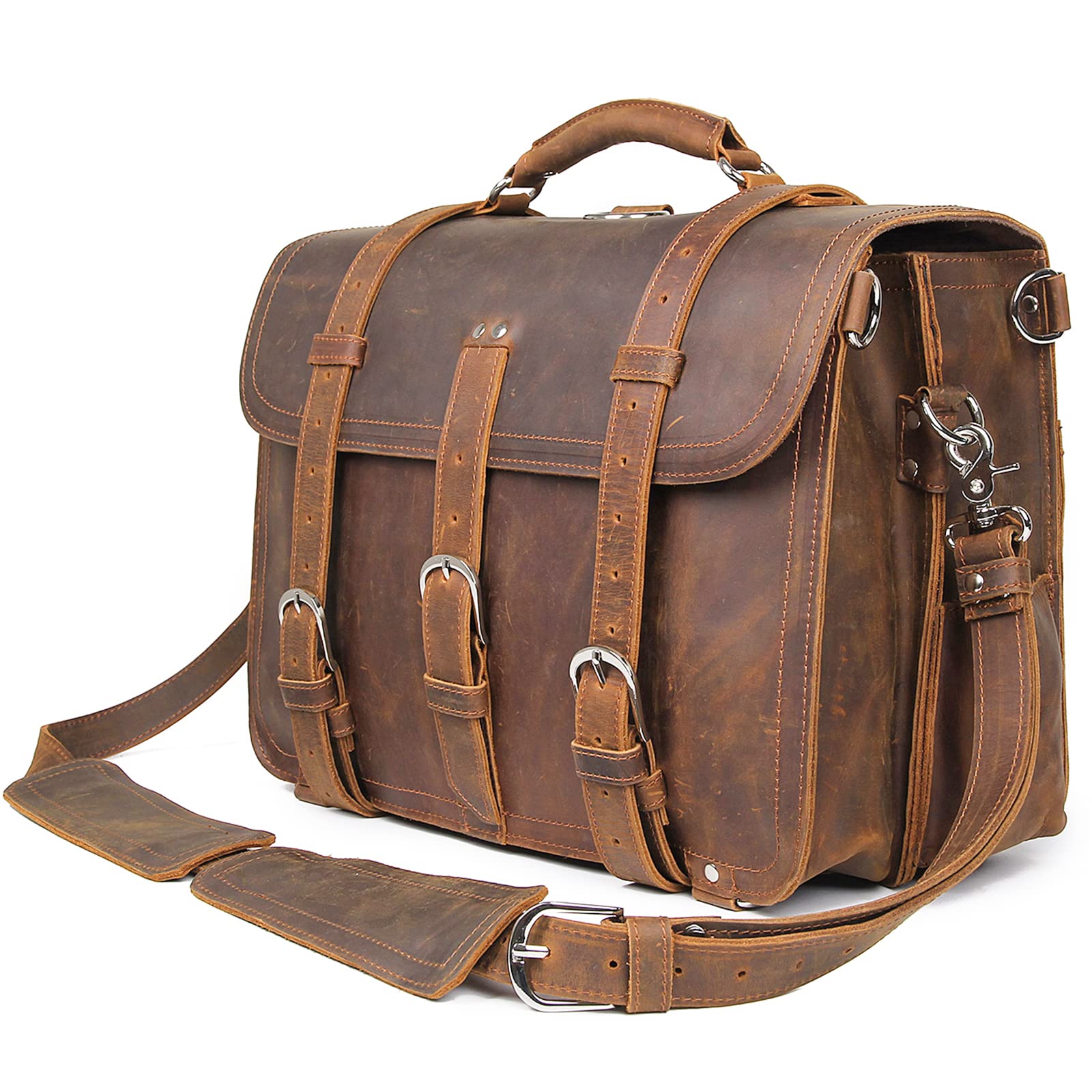 Men's 16 Inch Thick Cowhide Leather Laptop Messenger Bag - Durable Shoulder Briefcase & Tote for Work, Travel & Business (Black)