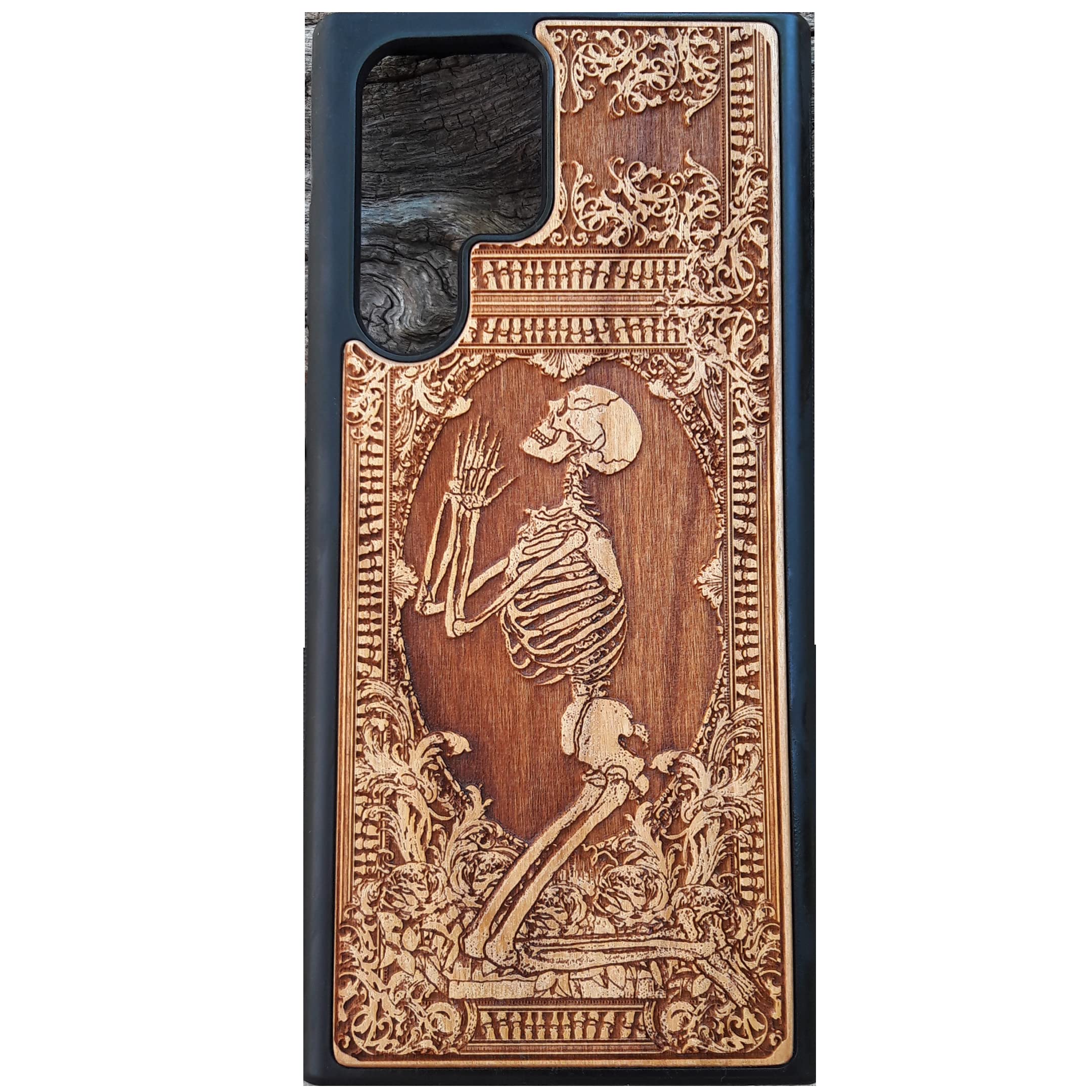 Praying Skeleton Laser Engraved Wooden Phone Case - Compatible with iPhone 16/15/14/13/12/11 Pro Max/Mini & Galaxy S25/S24/S23/S22/S21/S20 Ultra Plus - Eco-Friendly Slim Durable Wood Cover - Perfect for Halloween, Gothic Style & Nature Lovers
