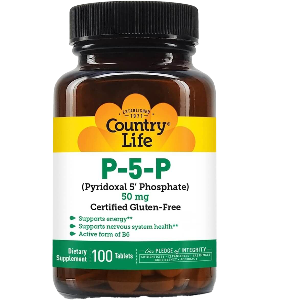 Country Life P-5-P (Pyridoxal 5'-Phosphate) Active Vitamin B6 Supplement - 50mg per Tablet - 100 Count - Supports Brain Health, Energy Metabolism & Nervous System - for Stress Relief & Cellular Function