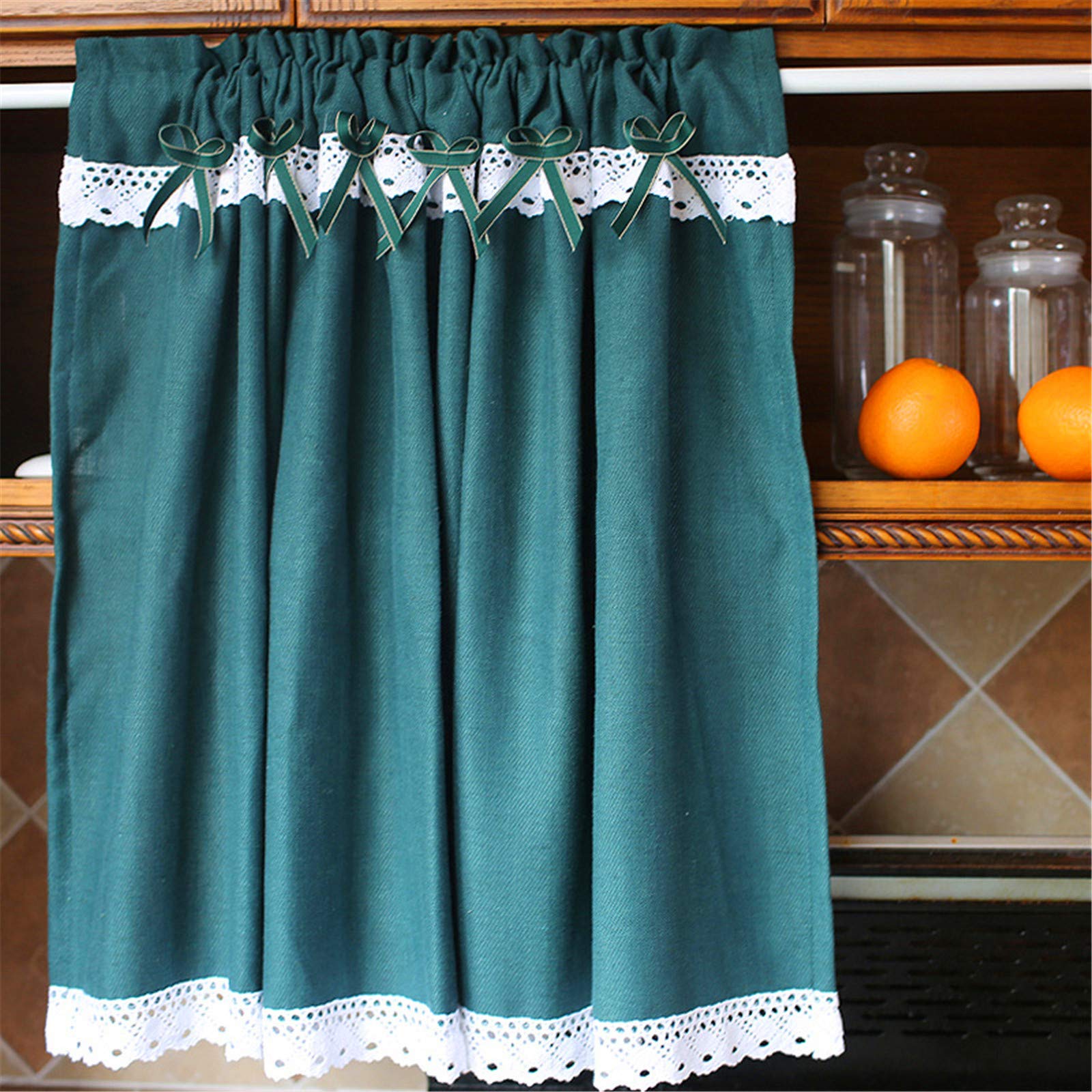 Dark Green Blackout Curtains - Solid Color Kitchen Short Curtains with Bow & Lace Trim, 51x71 Inches (130x180cm) for Cafe, Office, Bedroom, Bathroom & Closet - Perfect for Light Control & Privacy