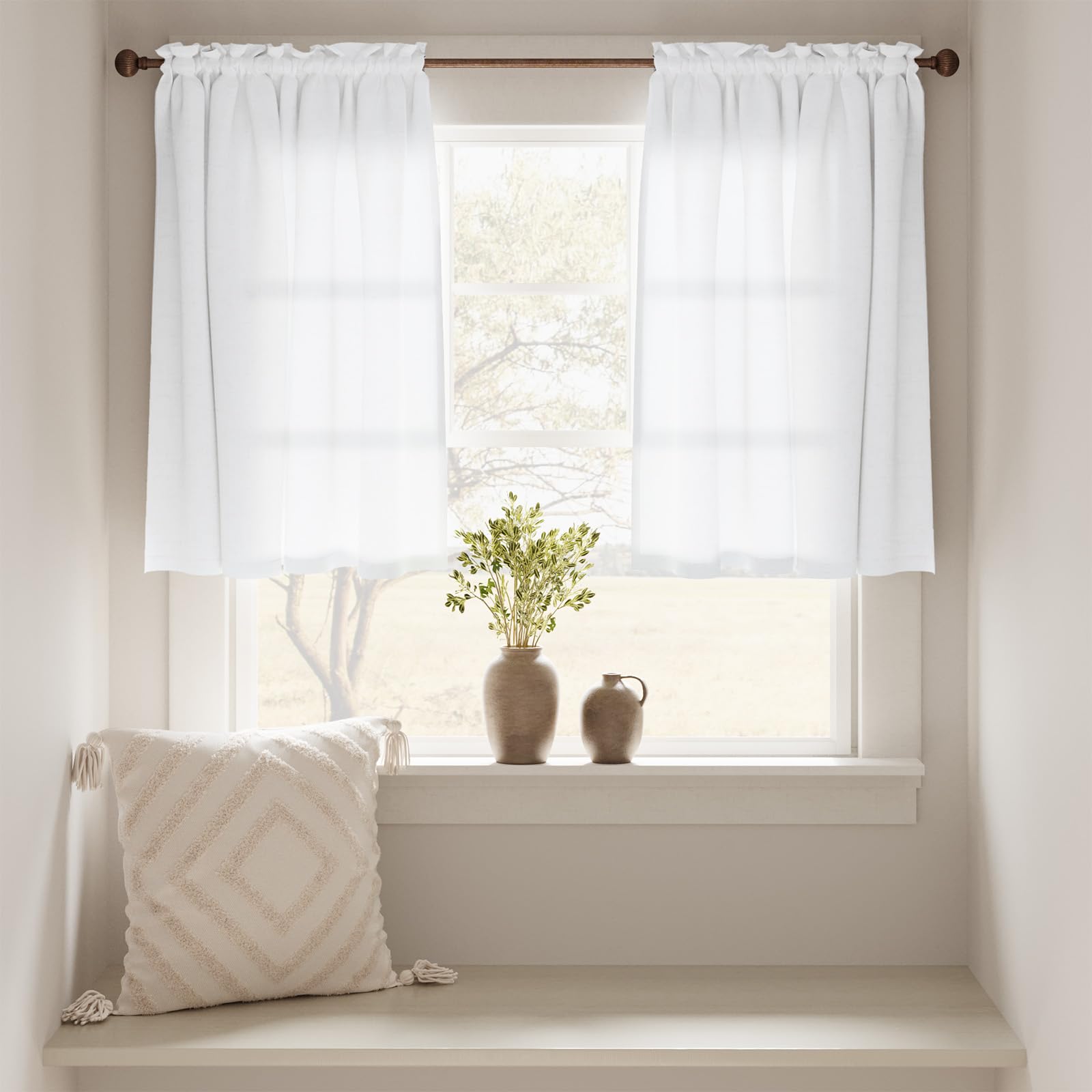 Jinchan Linen Kitchen Curtains 24 Inch - Farmhouse Cafe Tier Drapes for Small Windows, Bathroom, Laundry Room & RV - Light Filtering Rustic Rod Pocket Panels in White - Perfect for Country Style Kitchens, Cozy Bathrooms & Mobile Homes