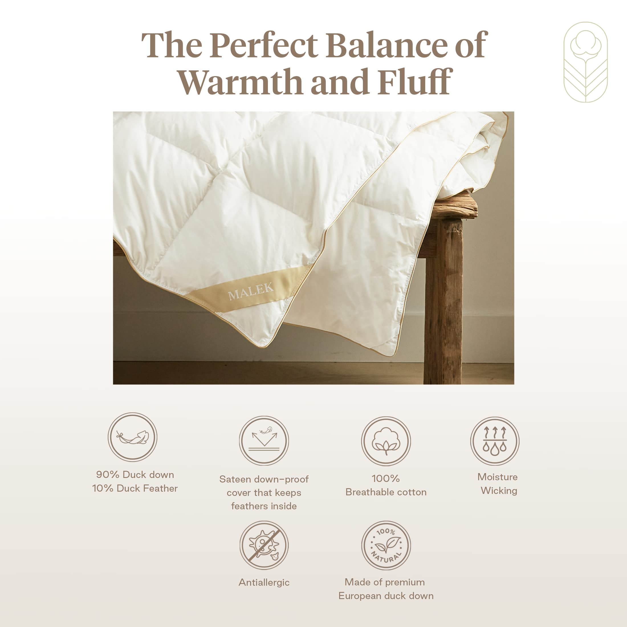 Premium MALEK Supreme Queen Size Lightweight Down Comforter - 750-760 Fill Power European Duck Down - 90% Down 10% Feathers - Warm & Cozy Duvet for All Seasons - Perfect for Bedroom, Guest Room & Winter Nights
