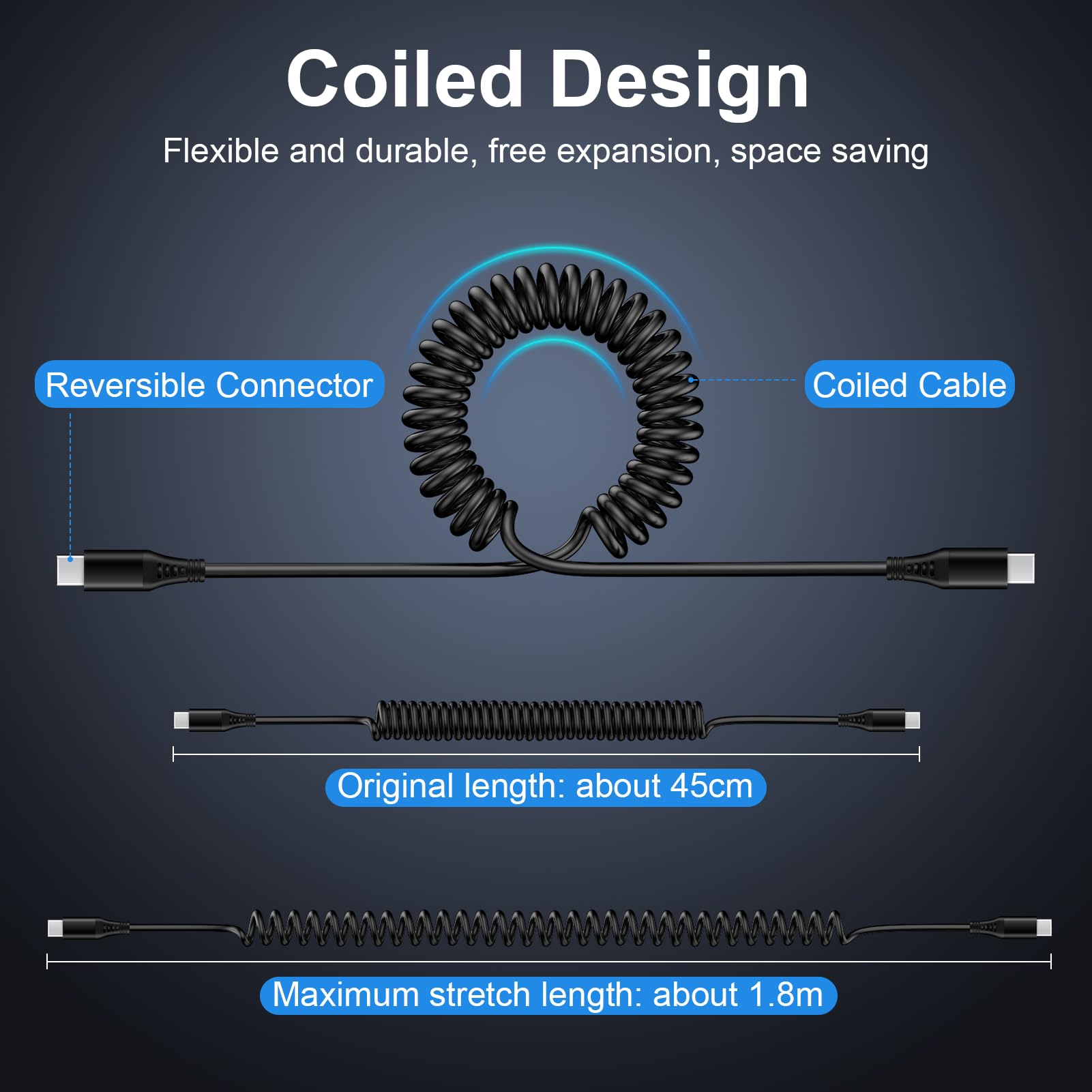 Retractable USB C to USB C Fast Charging Cable - 6.6ft Coiled Type C Charger for Samsung Galaxy Z Flip 5/4, A15/14/13, A55/54/53, S24/23/22/21 & Xiaomi Phones - Perfect for Car, Home & Office Charging
