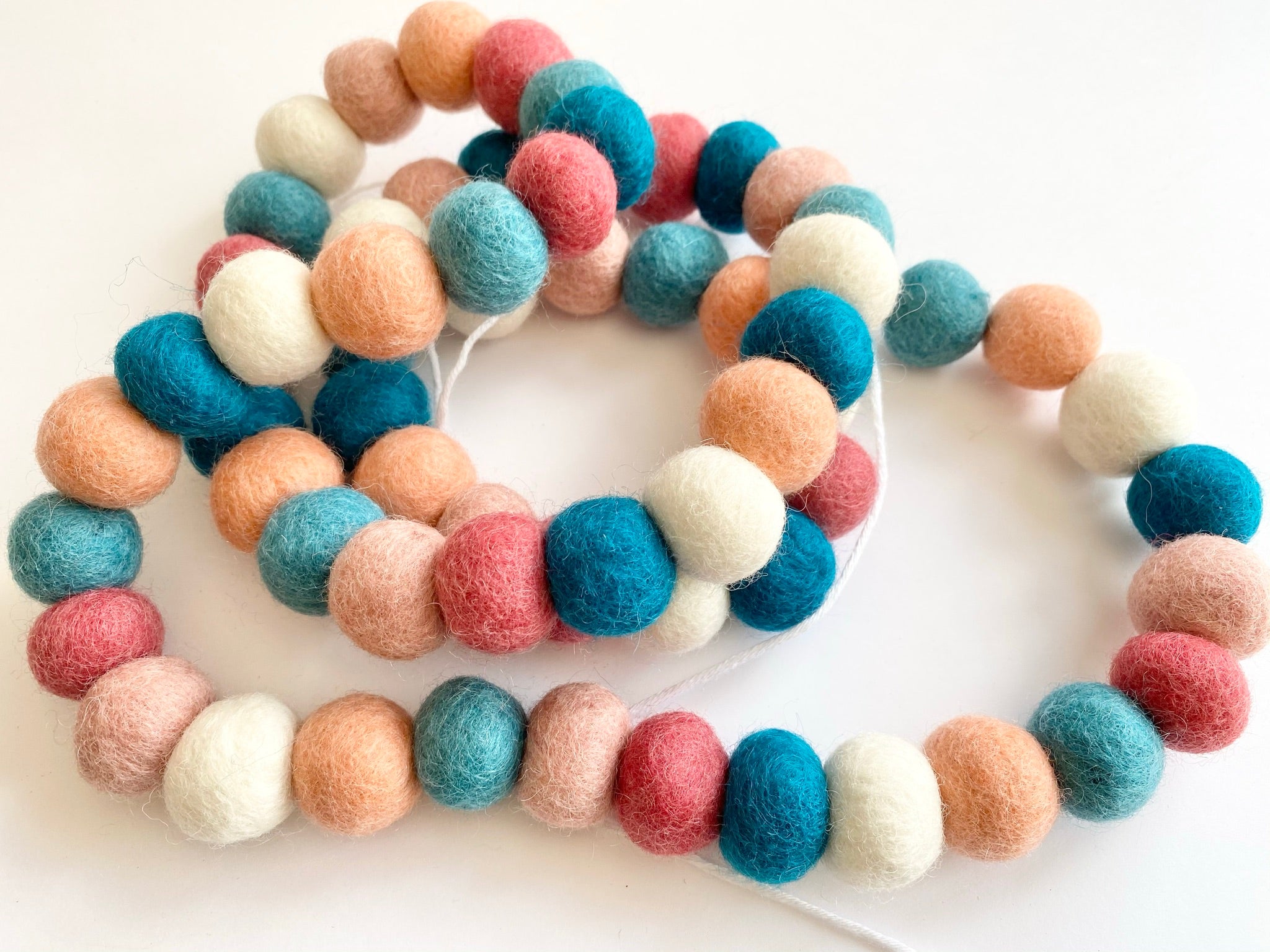 Dark Coral & Blue Felt Ball Garland - Handmade Decorative String for Nursery, Wedding, Party & Home Decor