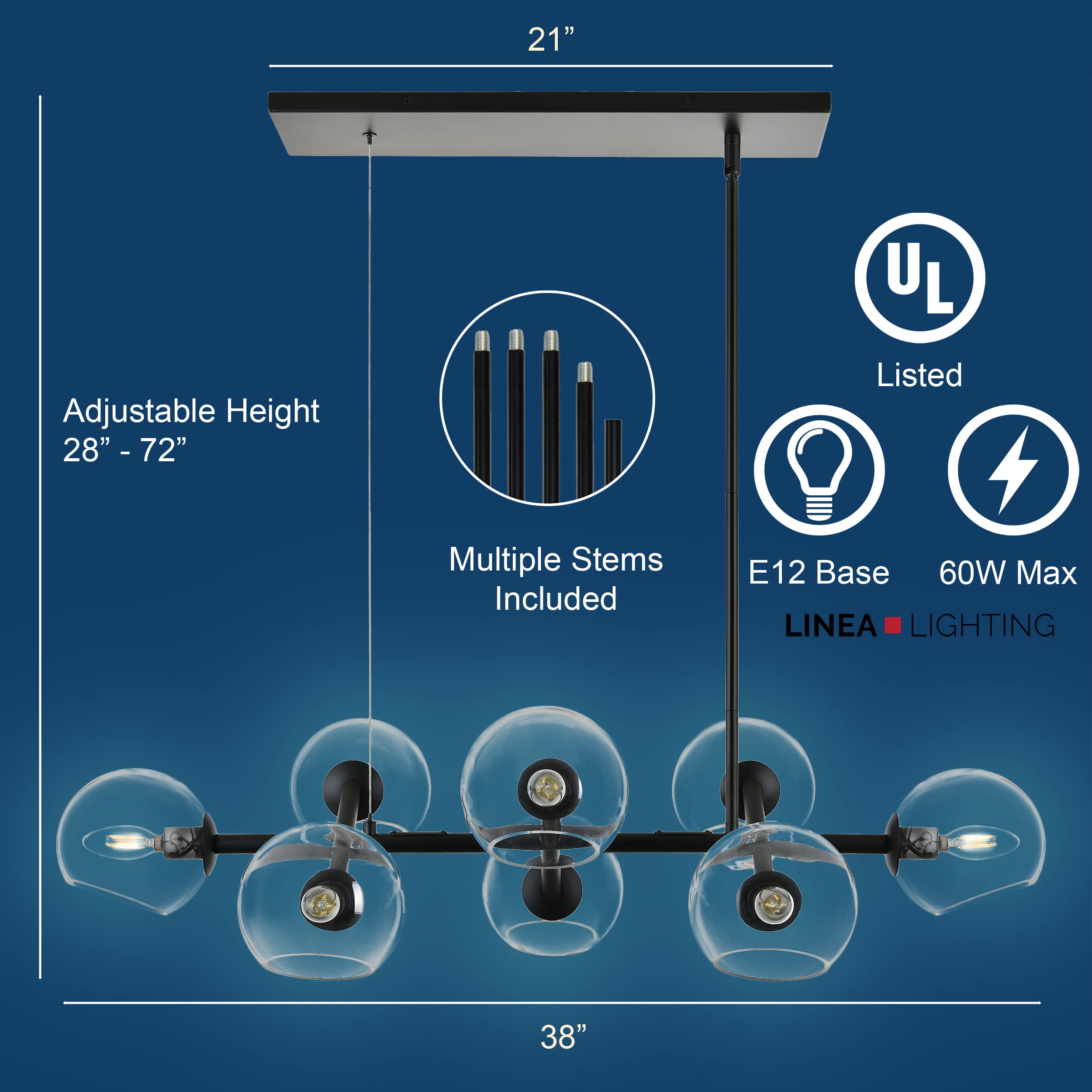 8-Light Black Modern Linear Chandelier - Rectangular Farmhouse Dining Room Light Fixture with Clear Glass Globes, UL Listed - Perfect for Kitchen Islands, Dining Tables & Contemporary Spaces