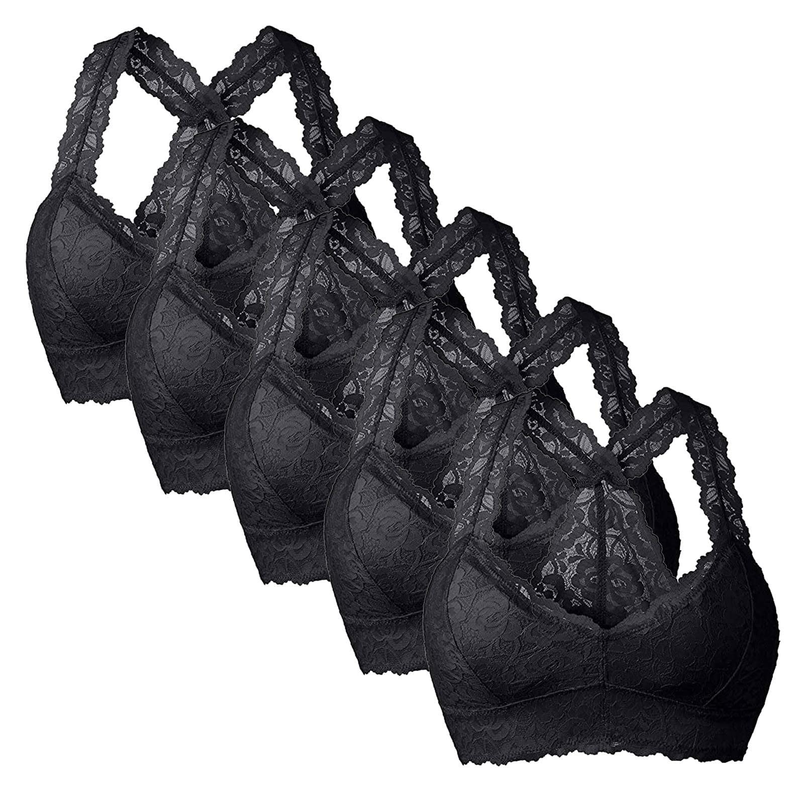 5 Pack Women's Sexy Floral Padded Plus Size Cross-Back Bras - Lace Bralette Crop Top, Breathable Racerback Push Up Bra for Everyday Wear & Special Occasions