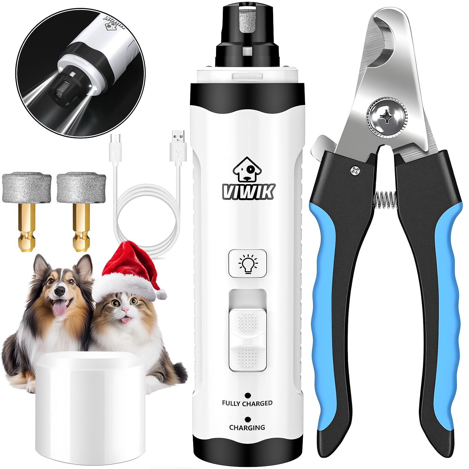VIWIK Electric Dog Nail Grinder - 2-Speed USB Rechargeable Pet Nail Trimmer with Light for Small, Medium & Large Dogs & Cats | Quiet & Safe Nail Clippers Kit | Perfect Gifts for Dog Lovers | At-Home Grooming & Professional Pet Care