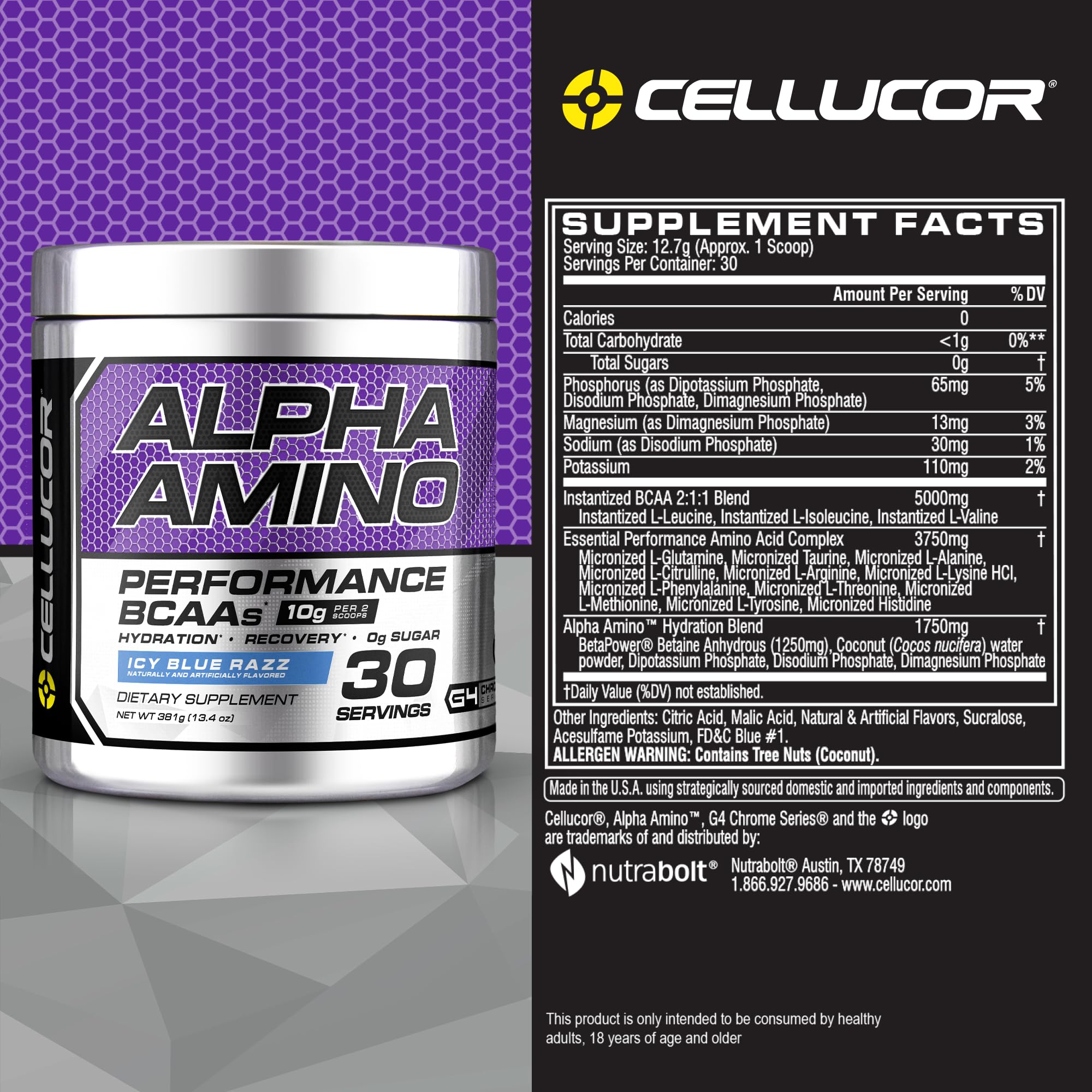Cellucor Alpha Amino EAA & BCAA Powder - Branched Chain Essential Amino Acids with Electrolytes for Muscle Recovery | Icy Blue Razz Flavor | 30 Servings - Perfect for Post-Workout Recovery & Hydration Support