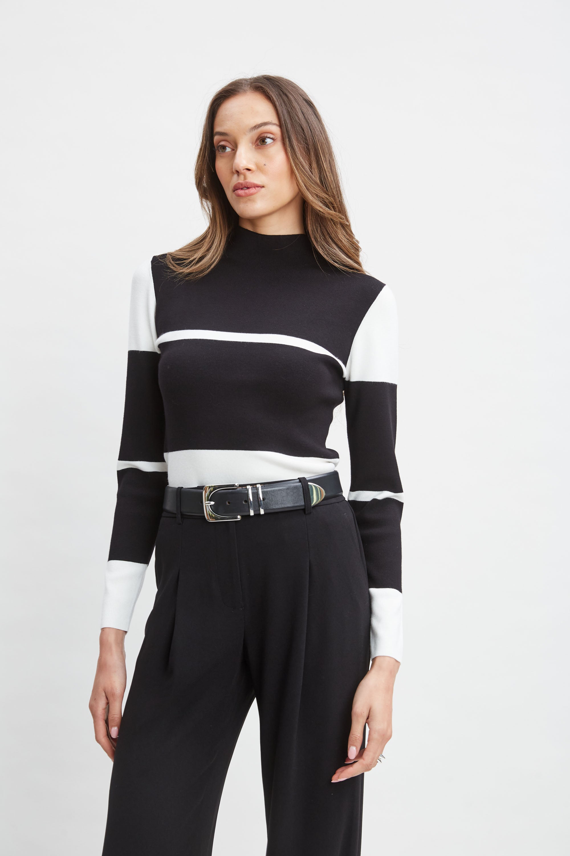 Stripe Mock Neck Sweater for Women - Cozy Knit Pullover with Long Sleeves - Perfect for Fall & Winter Outfits, Office Wear and Casual Dates