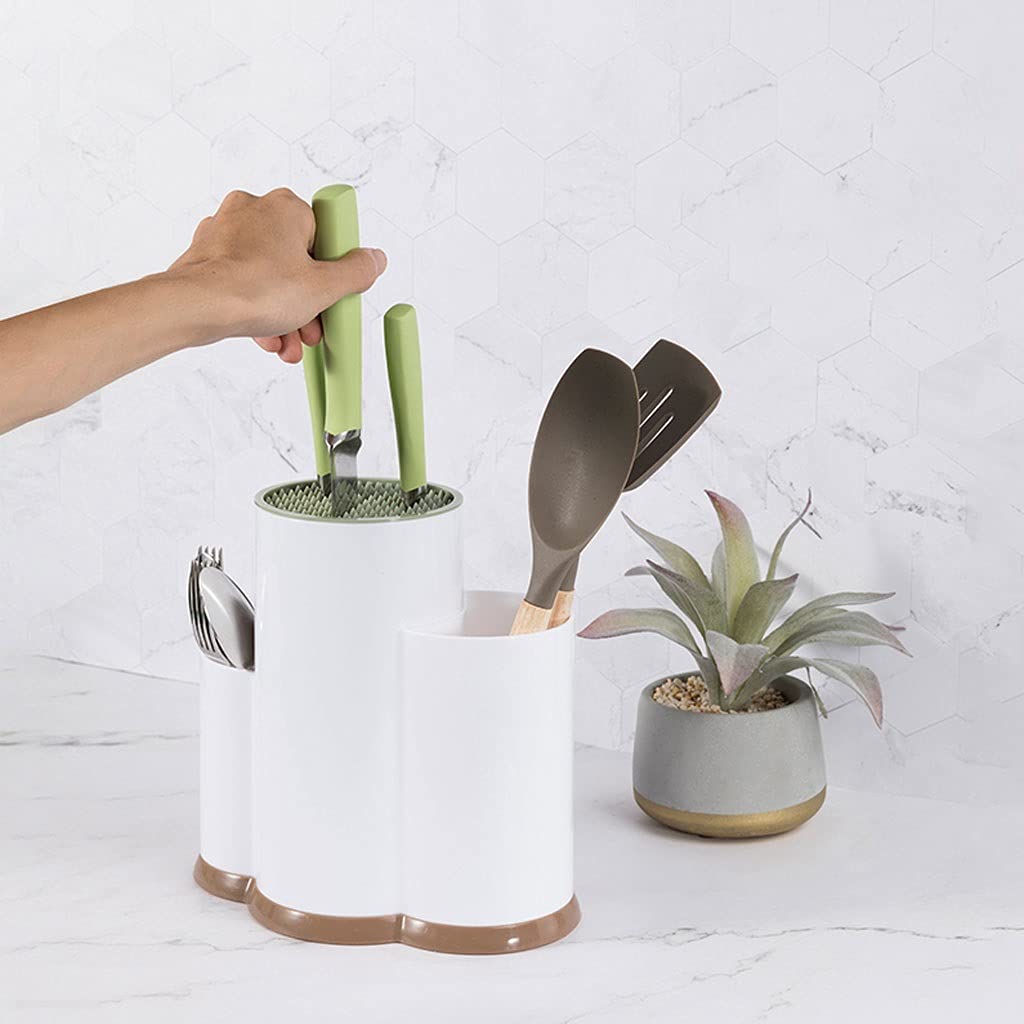 Universal Multi-Function Knife Block & Kitchen Tool Holder - Double Layer Storage Barrel for Chefs Knives & Utensils - White Kitchen Organizer for Countertop - Perfect for Home Chefs & Professional Kitchens