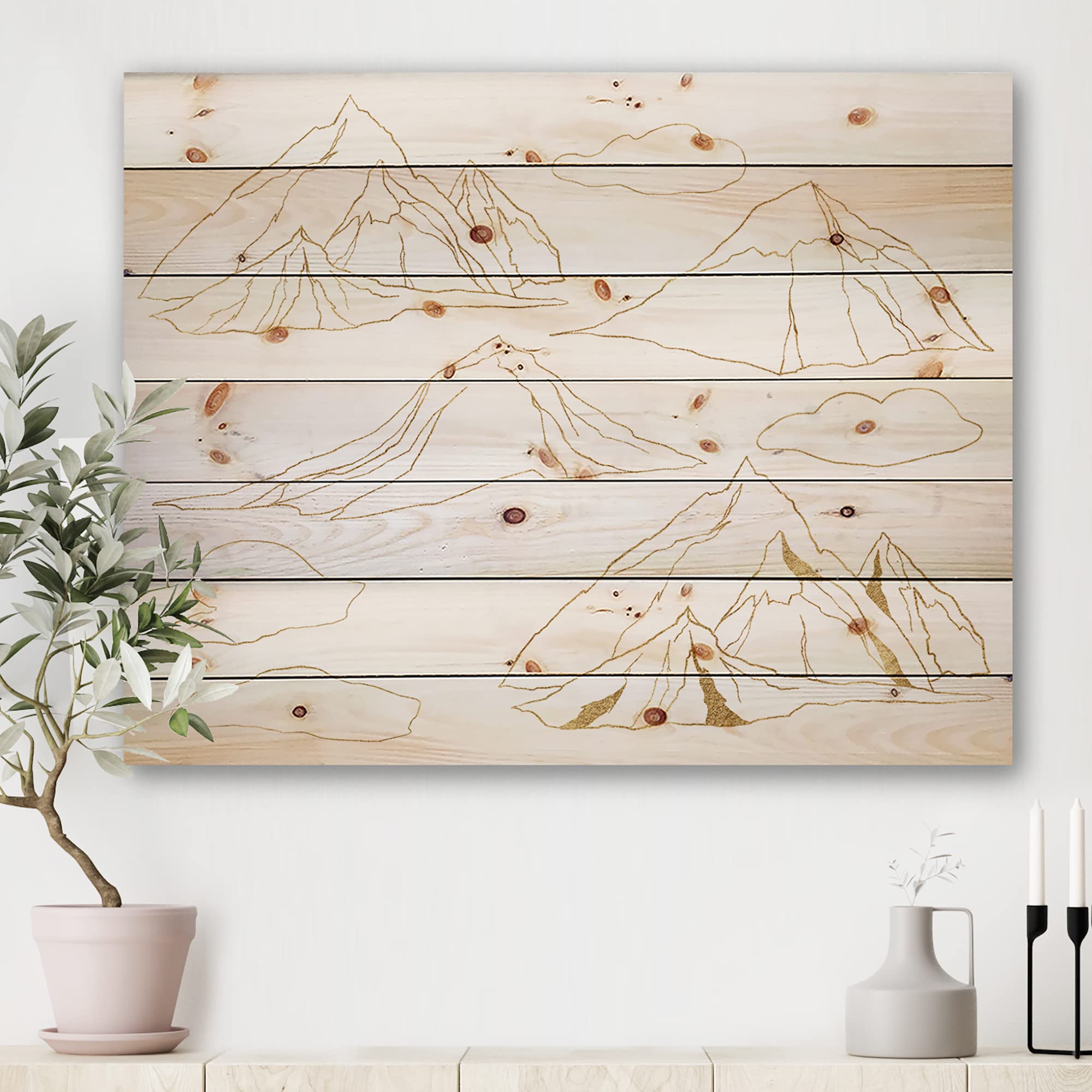 Minimalist Gold Mountain Wood Wall Art - Modern Pine Decor for Living Room