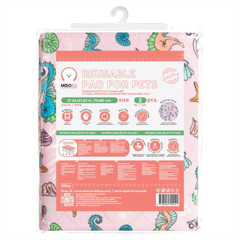 Misoko Reusable Pet Pads with Seahorse Design, Pink Washable Pads, 2-Pack for Dogs & Cats - Perfect for Crate Training, Bedding & Travel