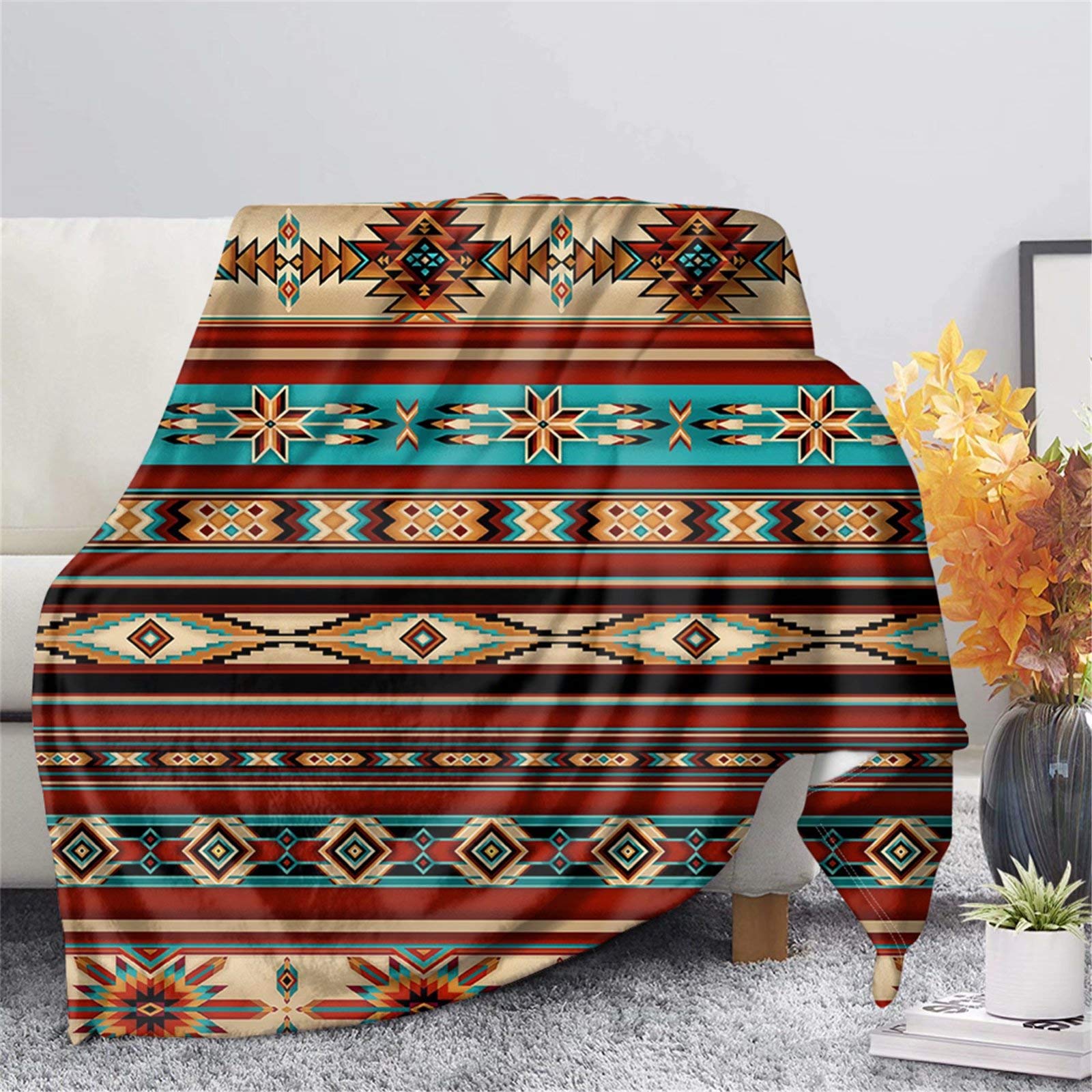 Southwestern Traditional Geometric Navajo Print Fleece Blanket - Soft Lightweight Plush Throw for Couch, Bed & Sofa - Perfect for Cozy Evenings, Home Decor & Gift Giving