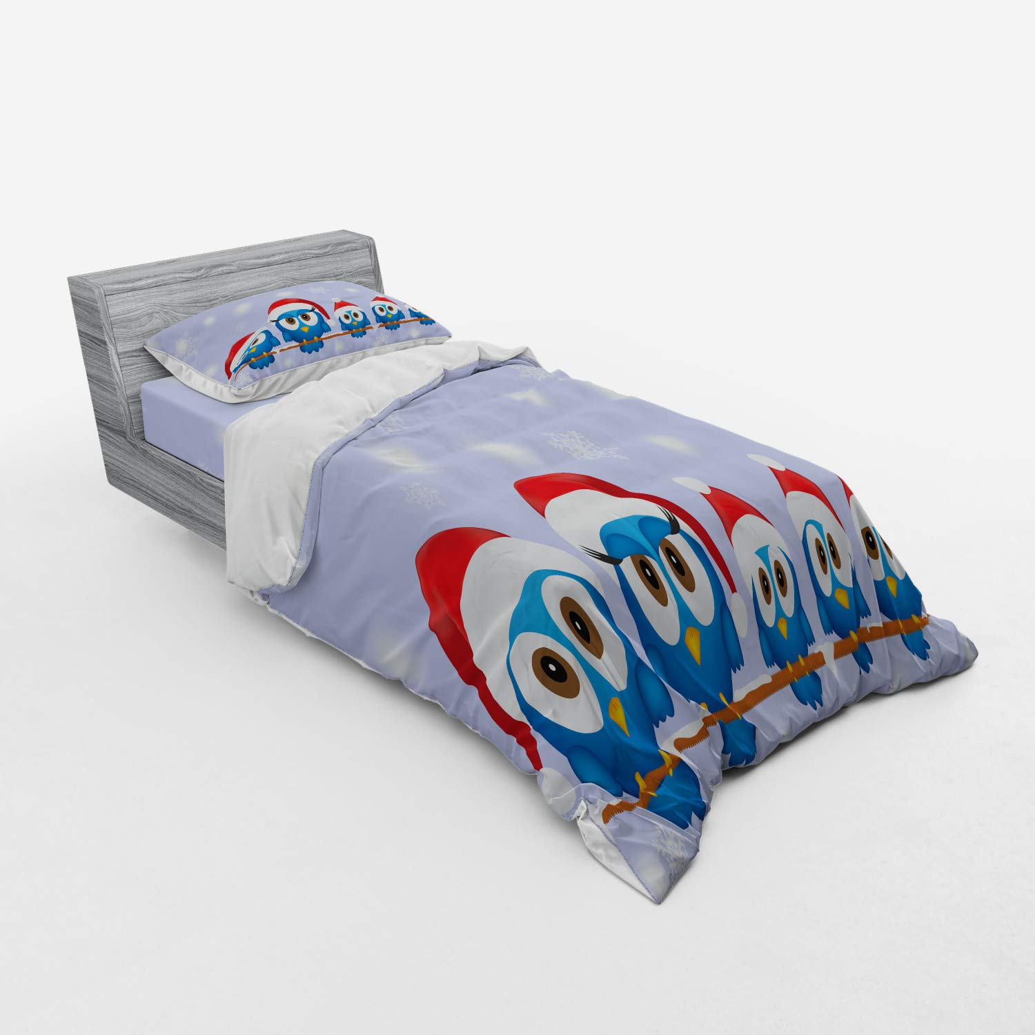 Ambesonne Christmas Bedding Set - 3 Piece Duvet Cover with Sham & Fitted Sheet, Twin Size, Blue Red Winter Holiday Design Featuring Humorous Bird Family with Santa Hats on Power Lines | Cozy Seasonal Bedroom Decor for Festive Home Styling