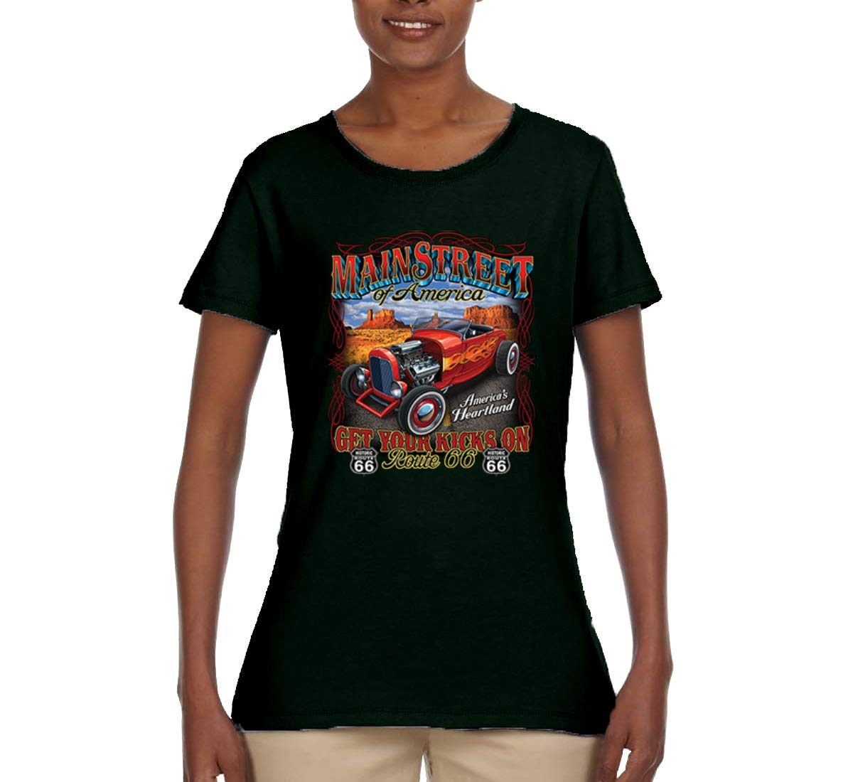Vintage Route 66 Hot Rod Cars & Trucks Graphic T-Shirt for Women - Retro Road Trip Inspired Tee for Casual Wear & Travel Adventures