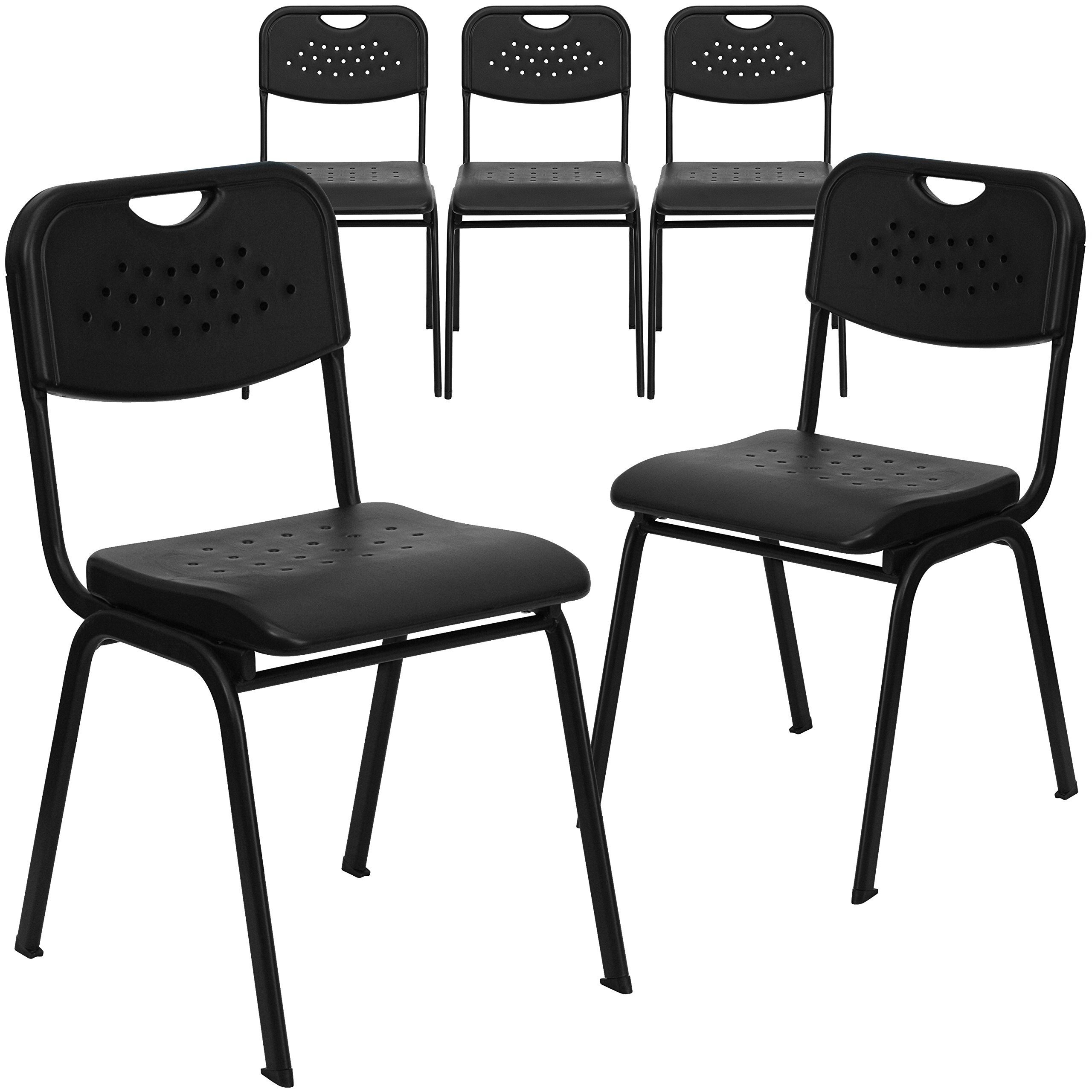 Flash Furniture 5-Pack HERCULES Series 880 lb Capacity Black Plastic Stack Chairs with Open Back & Frame - Heavy Duty Stackable Chairs for Events, Banquets, Classrooms & Office Use