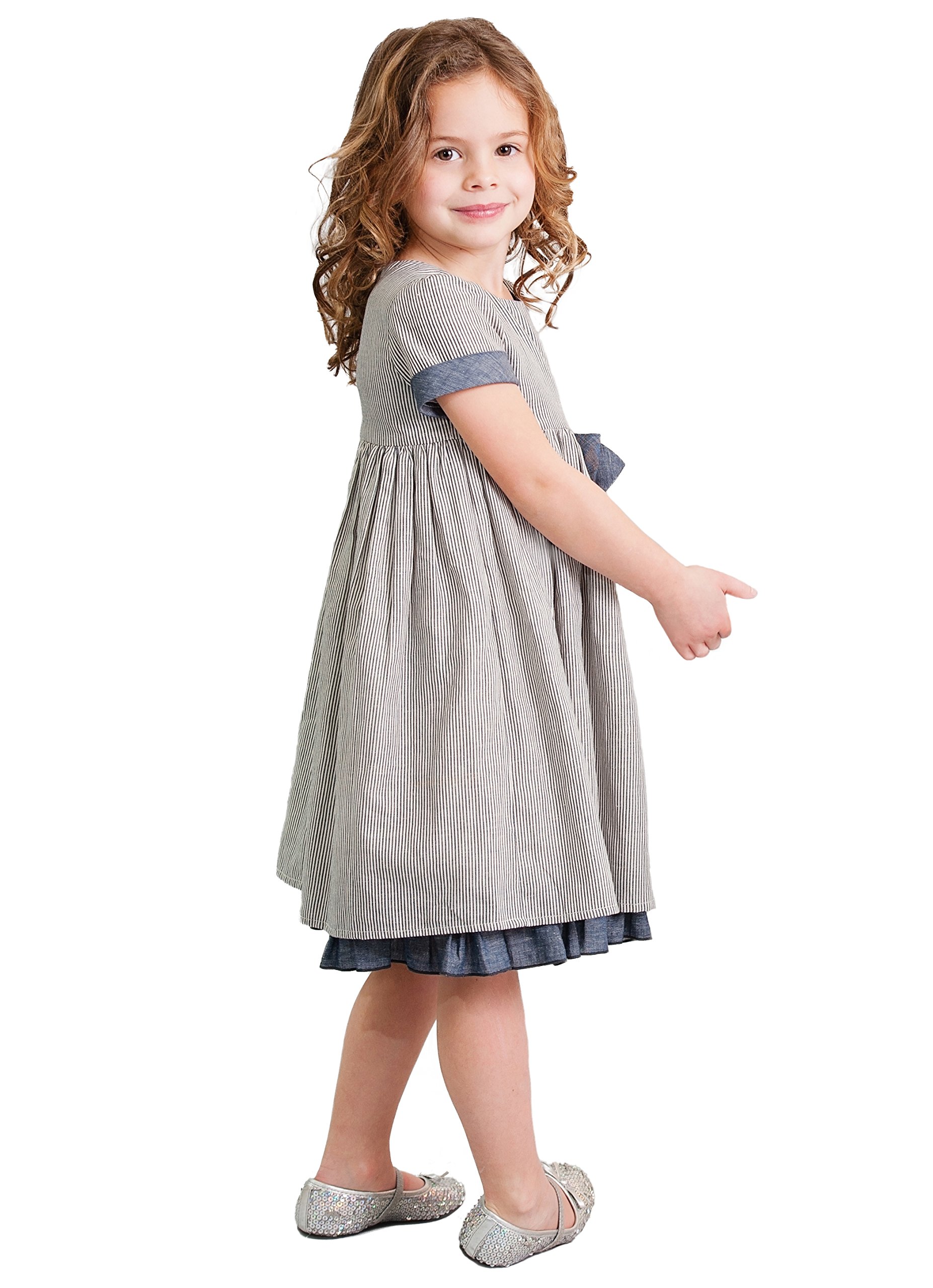 Navy Blue Striped Bow Party Dress for Girls - Cotton Linen Blend A-line Easter Dress for Special Occasions, Birthday Parties & Spring Celebrations