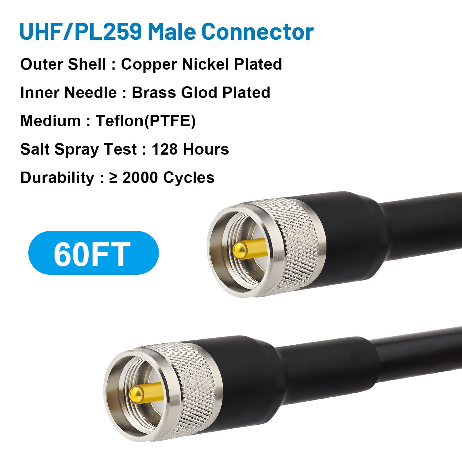 60FT KMR400 PL259 UHF CB Coaxial Cable - Low Loss Male to Male Coax Cable for CB Radio, HAM Radio, VHF Radio, SWR Meter & Antenna Analyzer | Perfect for Outdoor Communication, Emergency Kits & Radio Enthusiasts