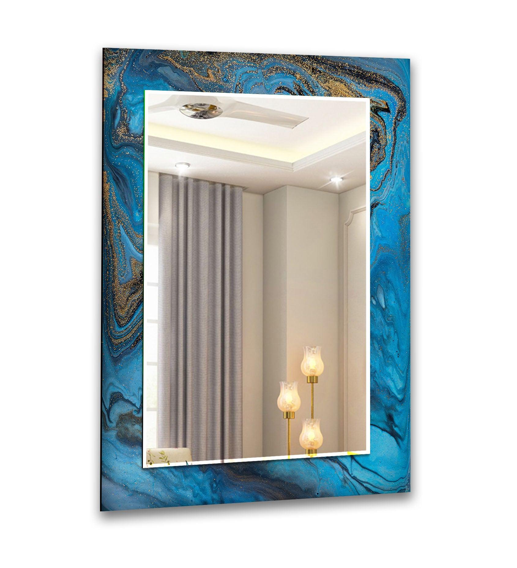 Blue Golden Epoxy Design Wall Mirror - Modern Decorative Bathroom & Bedroom Mirror - Perfect for Home Decor, Vanity, and Living Room