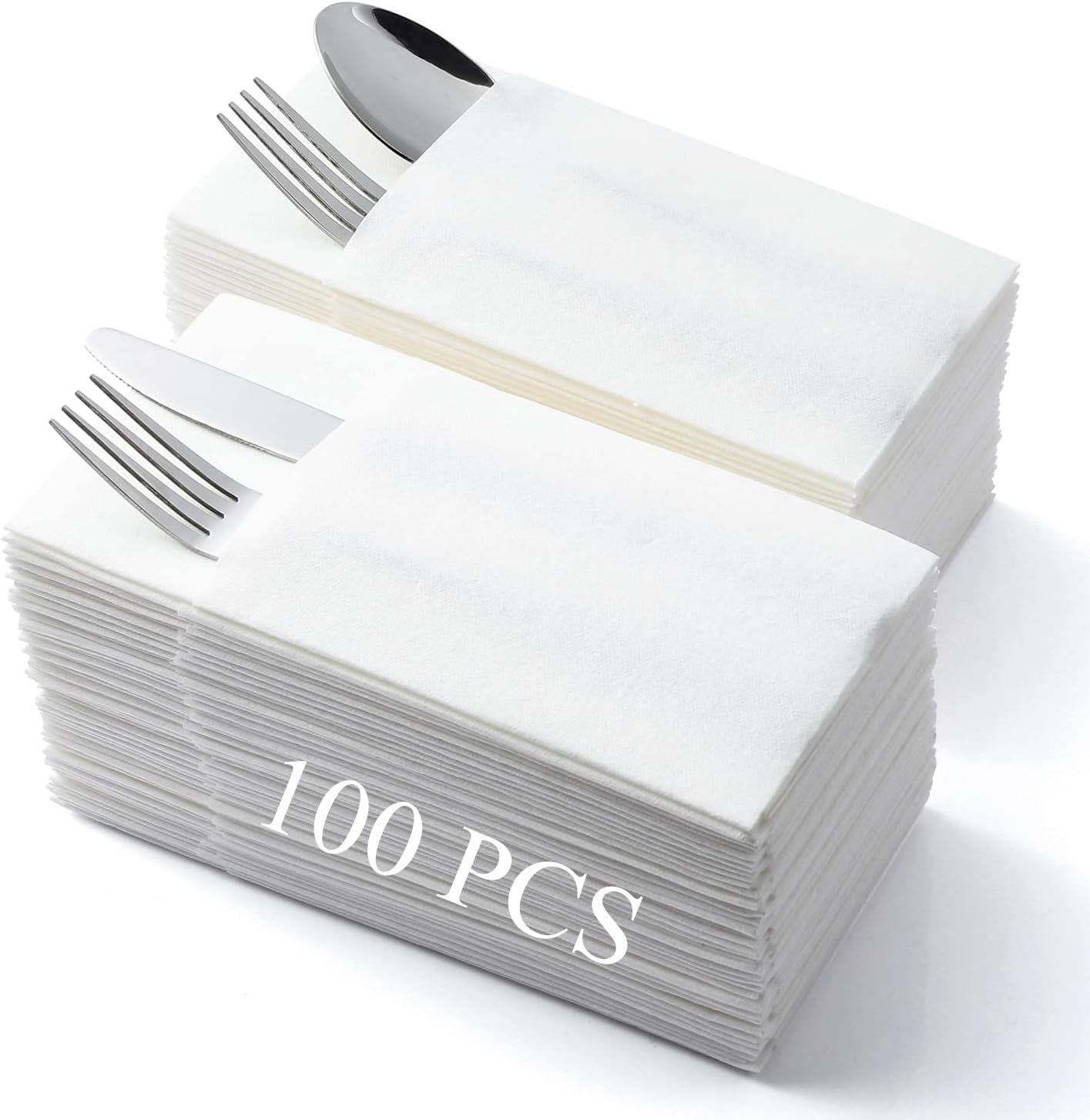 LEKOCH 100-Pack Premium White Disposable Napkins - Linen Feel Pocket Dinner Napkins with Built-in Flatware for Wedding, Reception, Christmas & Holiday Parties - Elegant Table Setting for Formal Events & Special Occasions