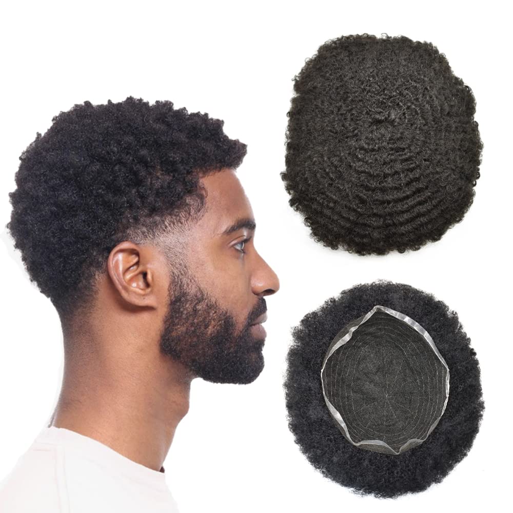 Afro Curly Men's Toupee - 10x8 Full French Lace Wig for Black Men | Kinky Curly Human Hair System | Transparent Lace Hairpiece Replacement (8mm Wave Curl, #1 Jet Black) - Perfect for Daily Wear, Special Occasions & Hair Loss Solutions