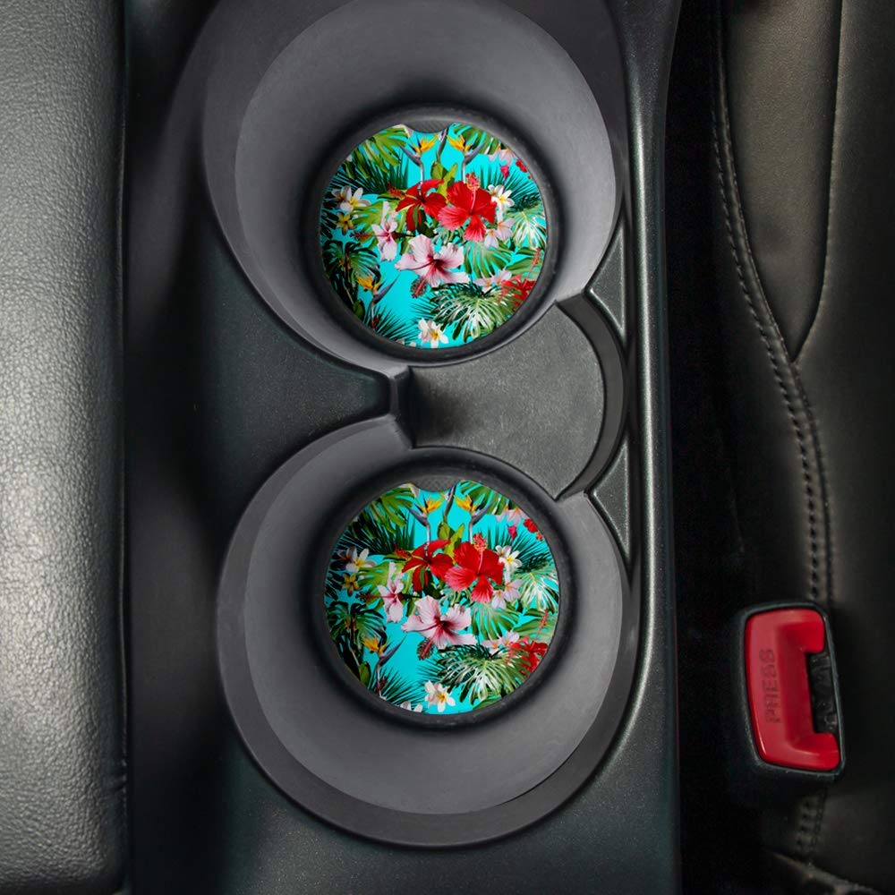 Premium Tropical Red Hibiscus Car Coasters Set of 2 - Absorbent Drink Coasters with Non-Slip Rubber Backing (2.56 Inch) - Perfect Car Accessories for Coffee, Soda & Water Cups - Great for Road Trips, Commuting & Daily Driving