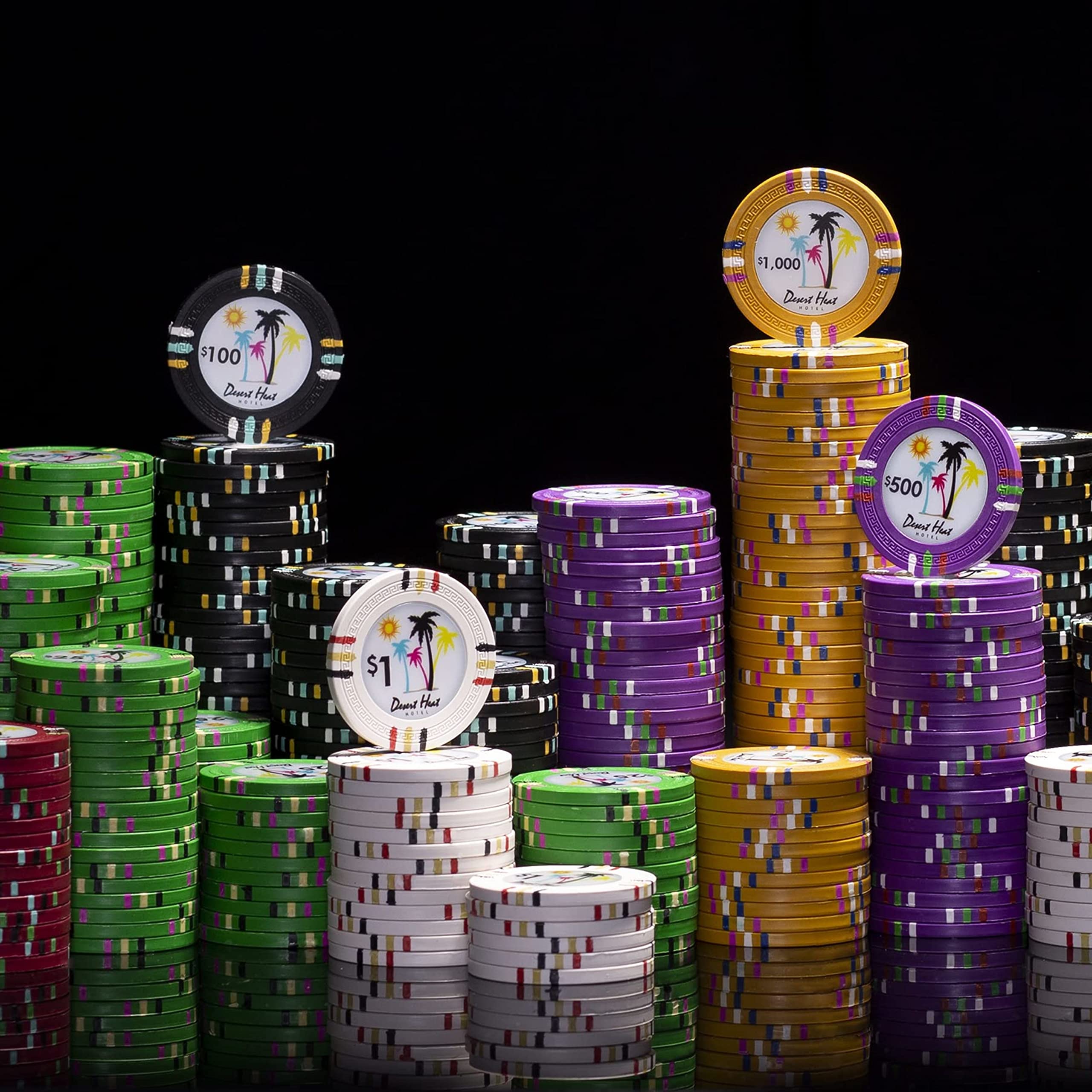 Premium 1000-Piece Desert Heat Poker Chips Set - 13.5g Heavyweight Clay Composite Casino Chips with Playing Cards, Dice, Dealer Button & Aluminum Storage Case - Professional Poker Tournament & Home Game Supplies for Casino Nights, Poker Parties & Game Room Decor
