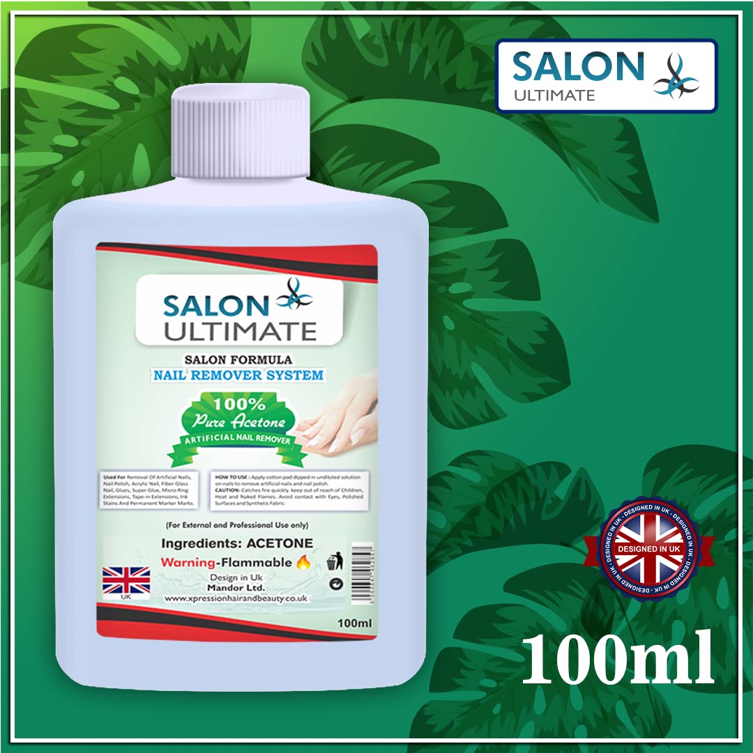 SALON ULTIMATE Professional 100% Pure Acetone Nail Polish Remover - Fast Acting Formula for UV/LED Gel, Acrylic Nails, Tips & Glue (100ml, Transparent) | Perfect for Salon & Home Manicure/Pedicure Care