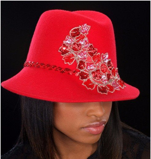 FW 56022 Red Felt Hat for Women - Classic Wide Brim Fedora Style Sun Hat for Outdoor, Party & Fashion Accessories