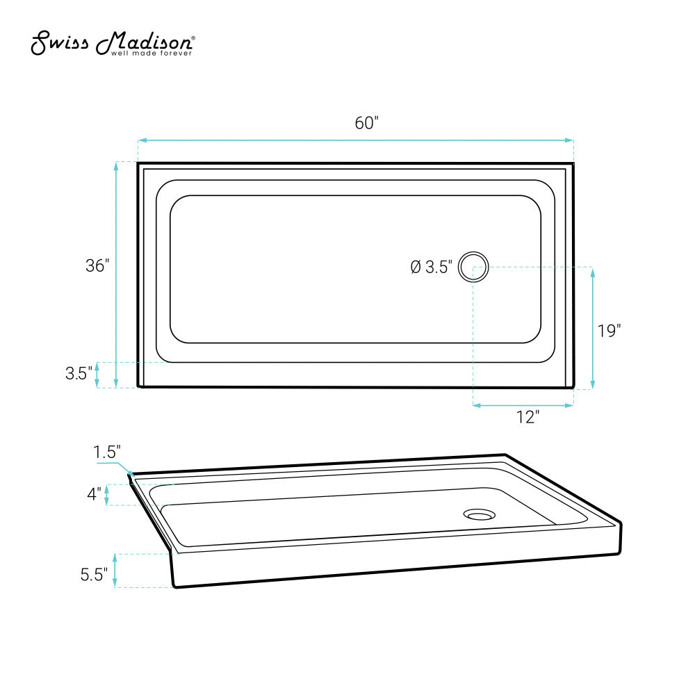 Voltaire 60 x 36 Inch Single Threshold Right-Hand Drain Shower Base in Biscuit Color - Perfect for Bathroom Remodeling and Modern Shower Installations