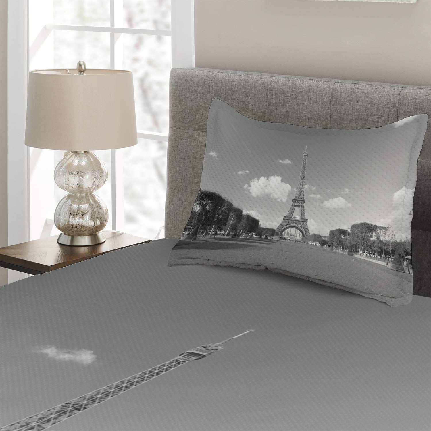 Ambesonne Paris Eiffel Tower Bedspread Set - 2 Piece Quilted Coverlet with Pillow Sham, Twin Size Grey - European Travel Themed Bedding for Home Decor & Guest Room