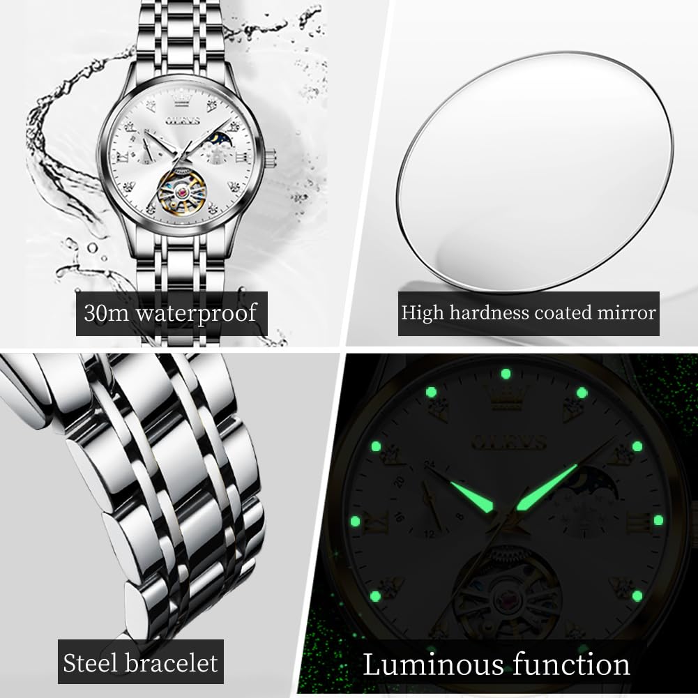 OLEVS Automatic Women's Watches with Diamond Tourbillon, Moon Phase & Luminous - Waterproof Dress Wristwatch for Business, Party & Formal Occasions