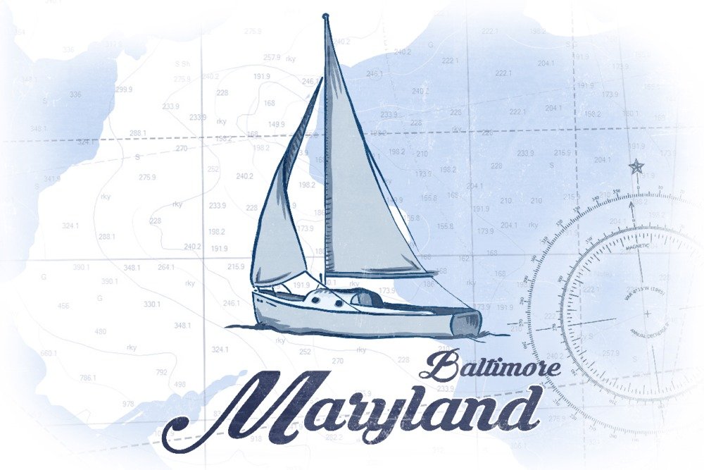Baltimore Maryland Sailboat Blue Coastal Icon 71787 - 24x36 Signed Art Print, Wall Decor Poster for Living Room, Office & Coastal Themed Spaces