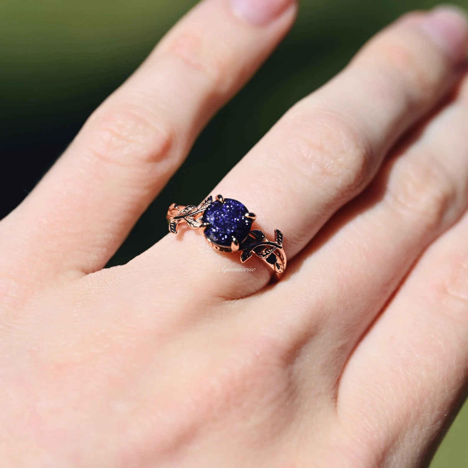 14K Rose Gold Vermeil Galaxy Sandstone (Starry Night) Leaf Ring - Elegant Bohemian Jewelry for Women, Perfect for Weddings, Parties & Everyday Wear