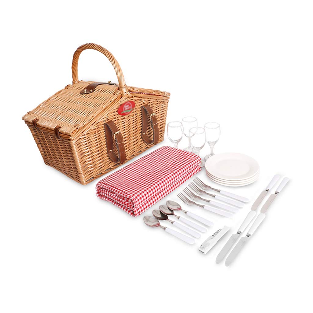 Premium Rattan Picnic Basket Set for 4 - Insulated Portable Picnic Hamper with Lid, Handles & Matching Picnic Mat (Beige, 40x25x41cm) - Perfect for Outdoor Gatherings, Beach Trips & Romantic Picnics