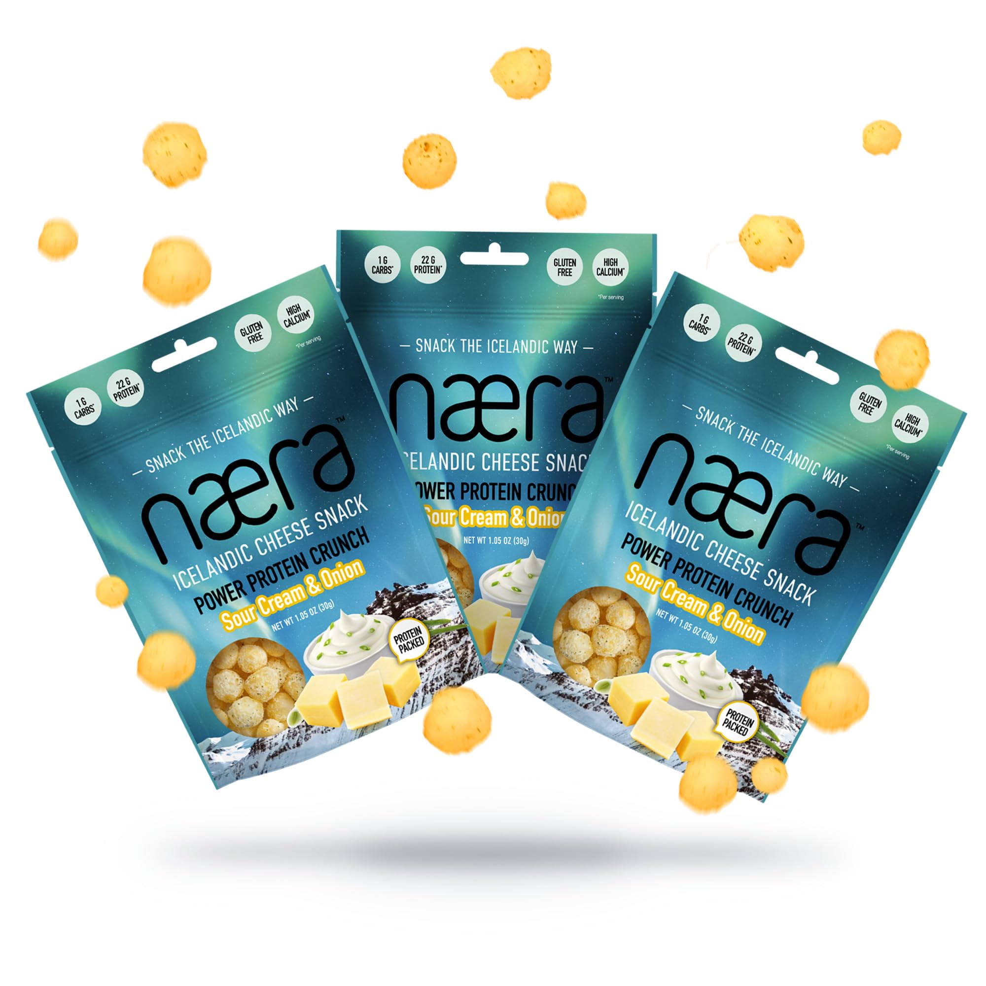 Næra Icelandic - 3-Pack Sour Cream & Onion 100% Cheese Crunch Protein Snacks | Keto Friendly, Gluten-Free, High Protein | Natural Snacks for Adults & Kids (1.05 oz each) | Perfect for On-the-Go, School Lunches & Office Snacking