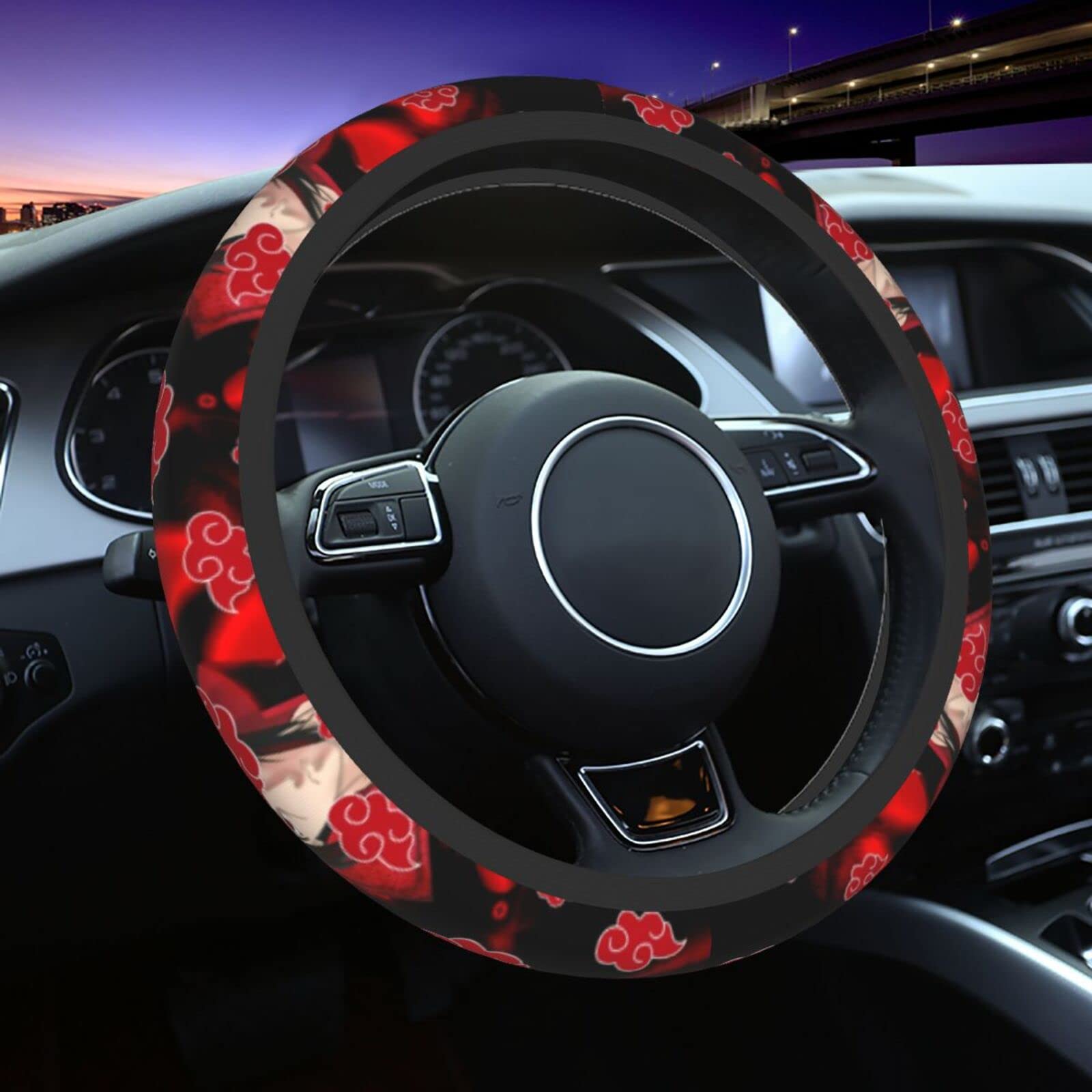 3D Print Red Abstract Cloud Steering Wheel Cover - Universal 15 Inch Car Accessories for Men & Women - Japanese Anime Design Wheel Protector - Comfortable & Protective Case for SUV Sedan Interior Decor - Perfect for Car Enthusiasts & Anime Fans