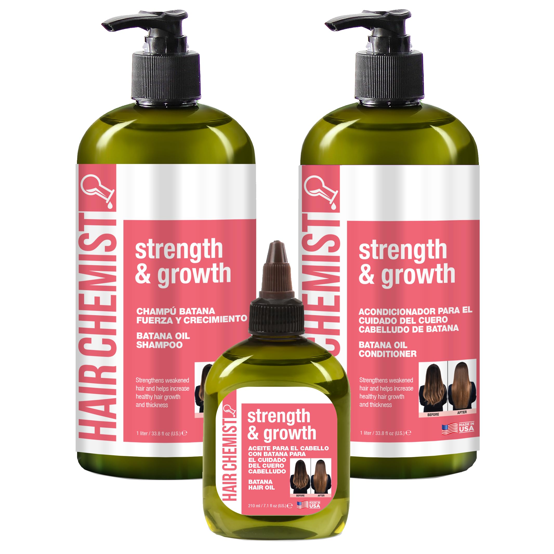 Hair Chemist Strength & Growth Batana Oil Shampoo & Conditioner Set (33.8 oz) + Hair Oil (7.1 oz) - 3-Piece Kit for Hair Growth, Thickening & Repair | Natural Hair Care for Dry, Damaged Hair | Perfect for Daily Use & Salon Treatments
