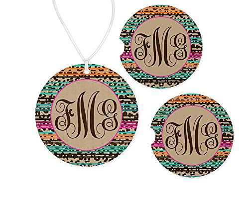 Personalized Leopard & Stripes Car Charm + 2 Sandstone Coasters Set | Unique Vehicle Accessories Gift for Men & Women | Perfect for Road Trips & Office Commutes