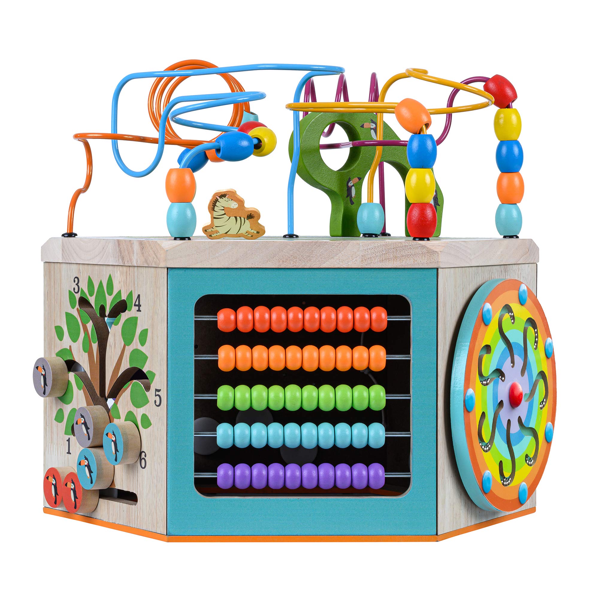 Teamson Kids Preschool Play Lab 7-in-1 Large Wooden Activity Cube - Bead Maze, Counting Toys & Learning Station for Toddlers & Babies (Natural Wood) - Perfect for Early Childhood Development & Montessori Playrooms