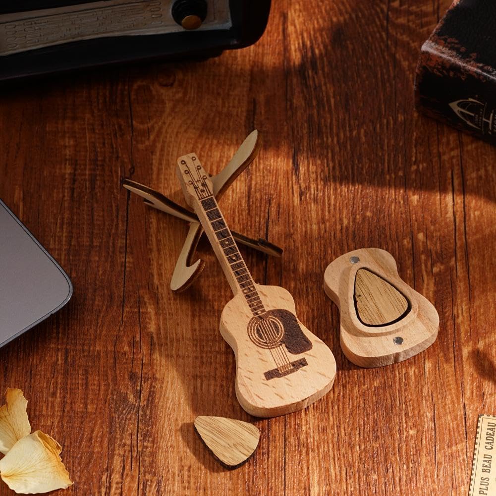 1Pc Wooden Guitar Pick Box - Mini Guitar Shaped Pick Holder & Case - Personalized Music Gift for Guitar & Bass Players - Perfect for Home, Studio & Travel Accessories