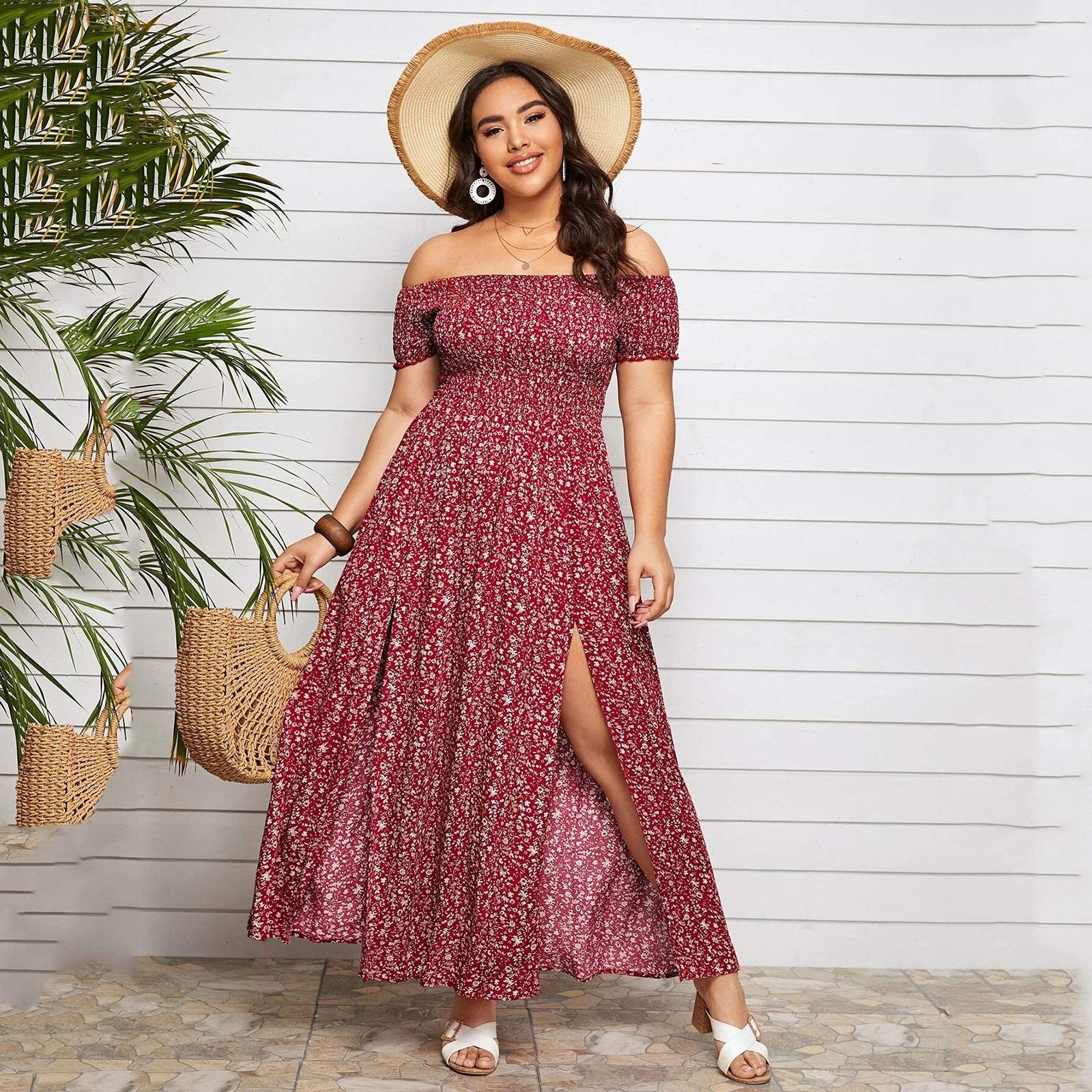Plus Size Women's Summer Floral Dress - Off Shoulder Shirred Bodice & Thigh Split Design - Boho Chic Flowy Maxi Dress for Beach, Vacation & Casual Outings
