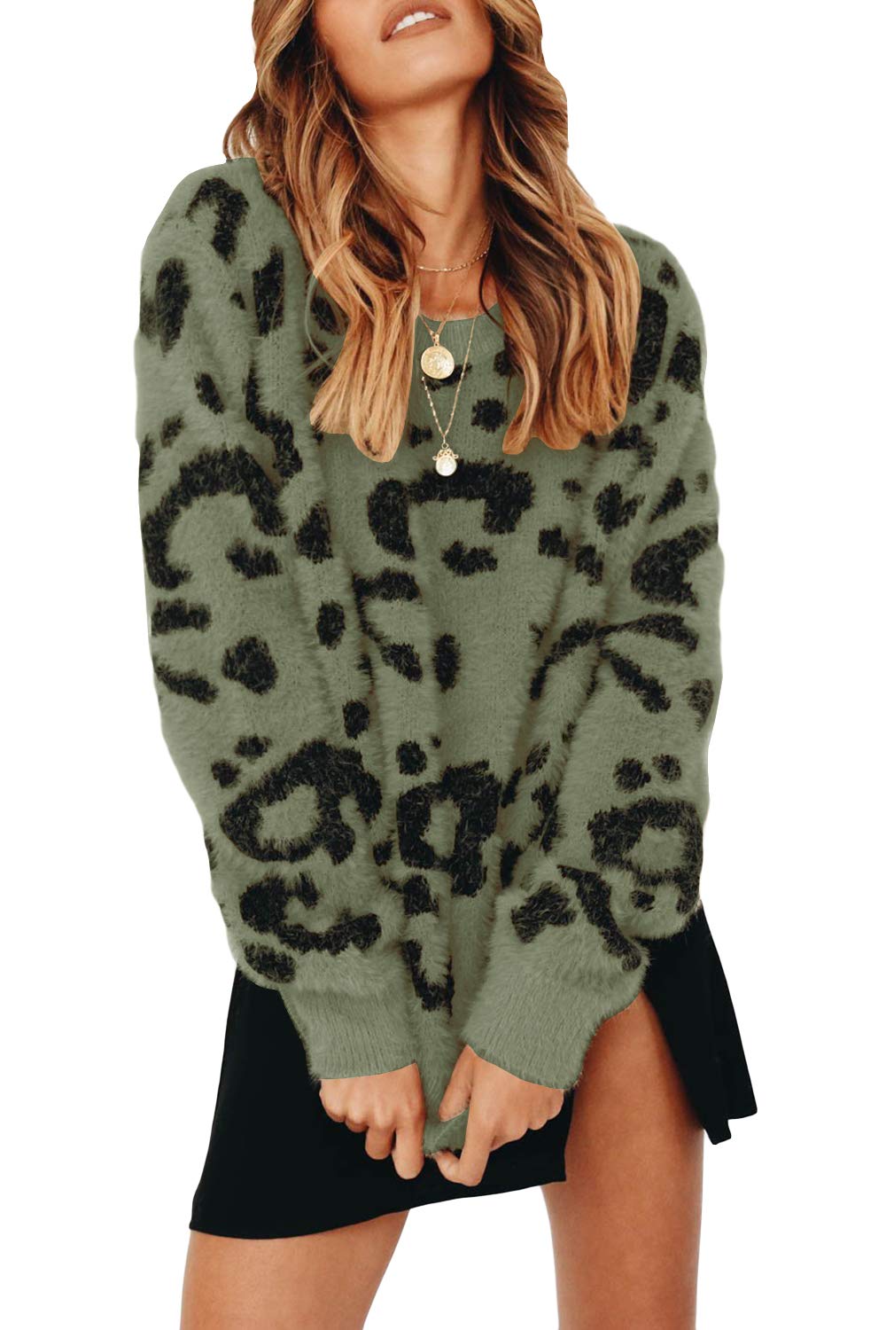 Saodimallsu Women's Leopard Print Crewneck Sweater - Oversized Casual Loose Fit Sherpa Pullover Knit Jumper for Winter Fashion, Streetwear & Cozy Outfits