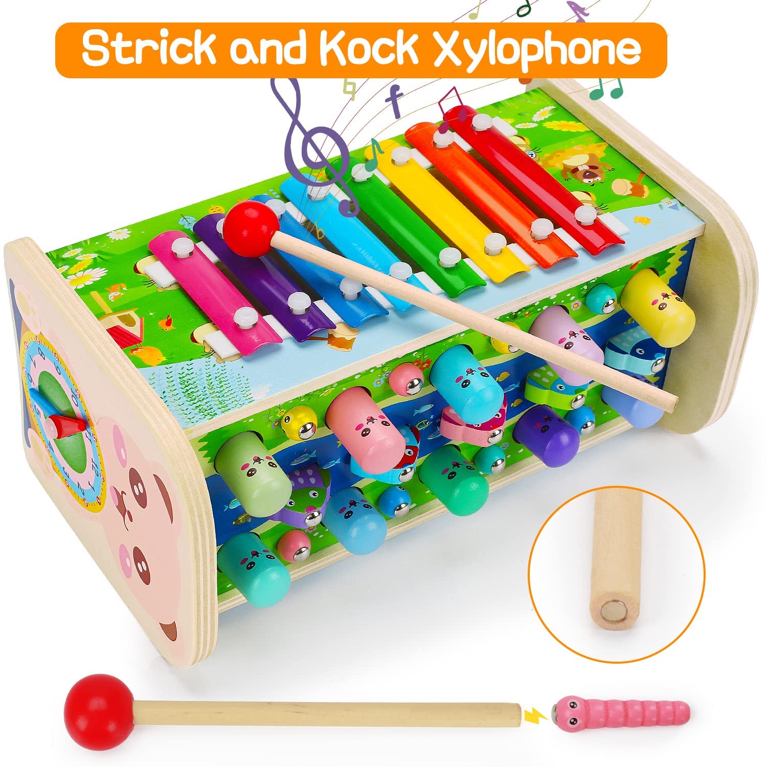 7 in 1 Montessori Wooden Toddler Toys for 1-3 Year Old Boys & Girls - Educational Hammering Pounding Toy with Whack-a-Mole, Fishing Game & Xylophone - Perfect Birthday Gift for 2+ Kids - Ideal for Early Learning, Sensory Play & Fine Motor Skills Development
