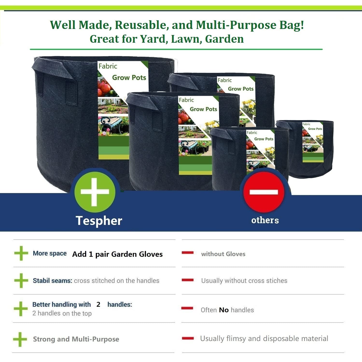 3-Pack 50 Gallon Thickened Fabric Grow Bags - Heavy Duty Garden Plant Pots for Tomatoes, Potatoes, Herbs & Vegetables (30x16 Inch) - Ideal for Planting, Yard Waste Collection & Leaf Storage