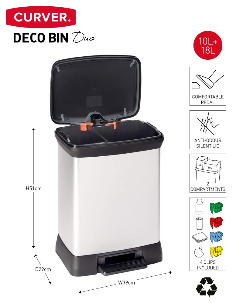 Curver Metal Effect 70% Recycled 30L Dual Compartment Kitchen Recycling Bin with Pedal Touch - Silver | Eco-Friendly Waste Bin for Kitchen, Office & Home Decor