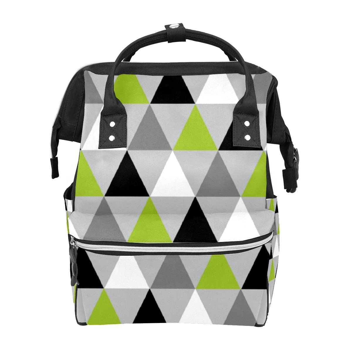 LBTIUC Large Capacity Baby Diaper Backpack - Multifunctional Travel Backpack for Moms & Dads, Light Gray with Lime Green/Black/White Triangle Pattern - Perfect for Daycare, Travel & Baby Essentials Organization