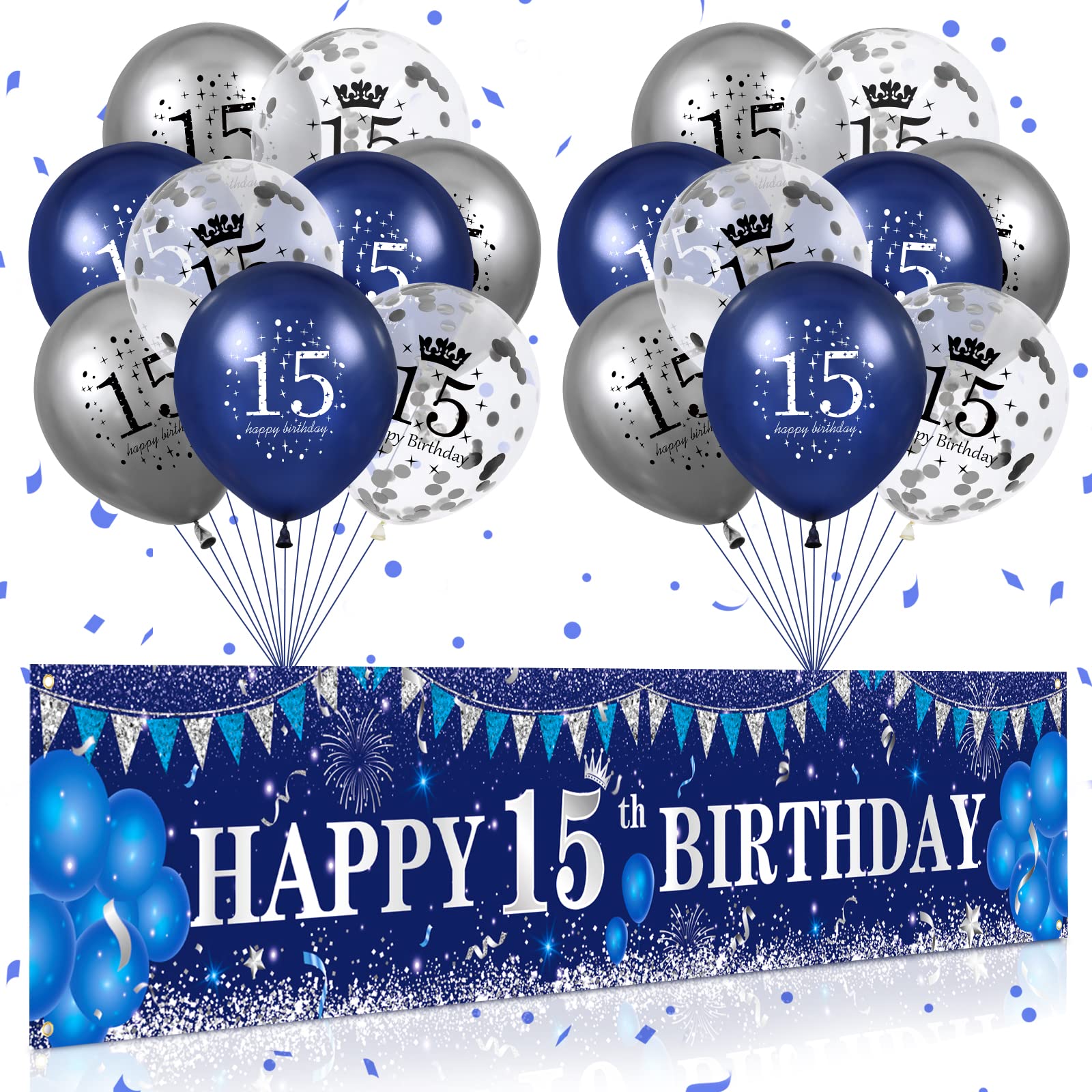 Navy Blue & Silver Happy 15th Birthday Decorations Set - Yard Banner, Balloons for Boys & Girls 15th Birthday Party Supplies | Perfect for Anniversary Celebrations, Backyard Parties & Milestone Decor