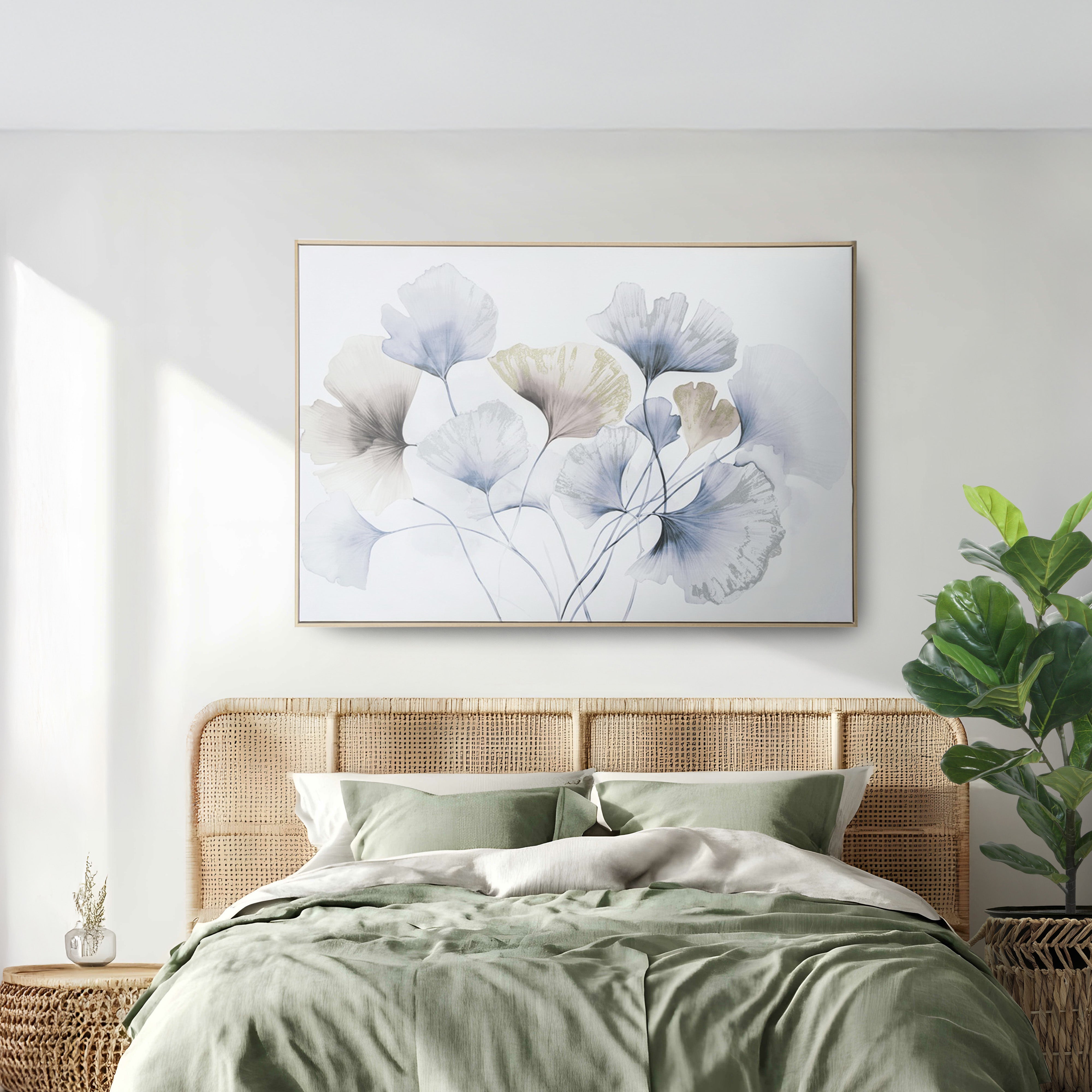 Urban Style Blue Ginko Embellished Canvas Brushmarks Wall Art - Perfect for Living Room, Bedroom & Office Decor