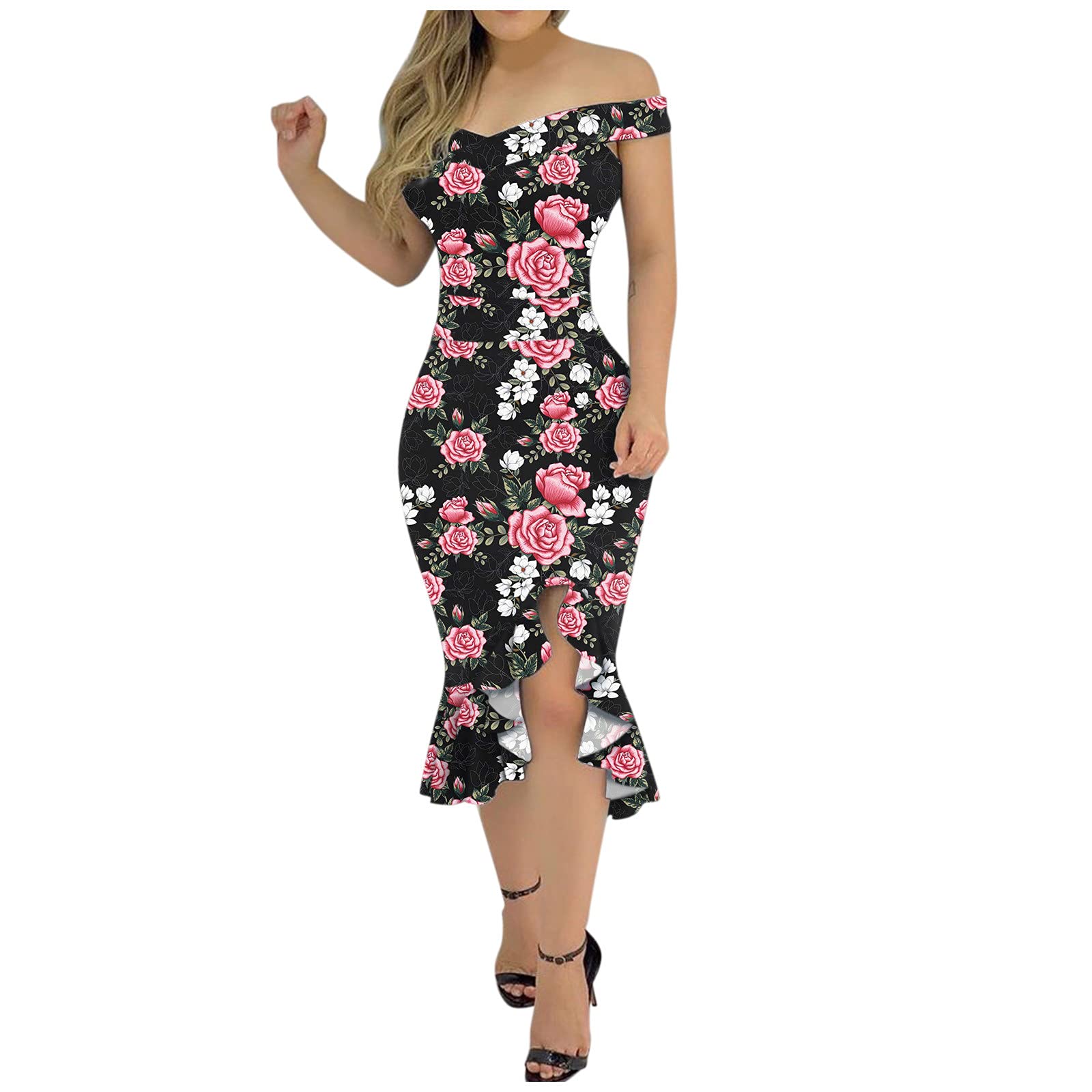 Mortilo Women's Floral Print Long Maxi Dress - Loose Ruffle Shoulder Casual Summer Dress for Beach, Party & Vacation